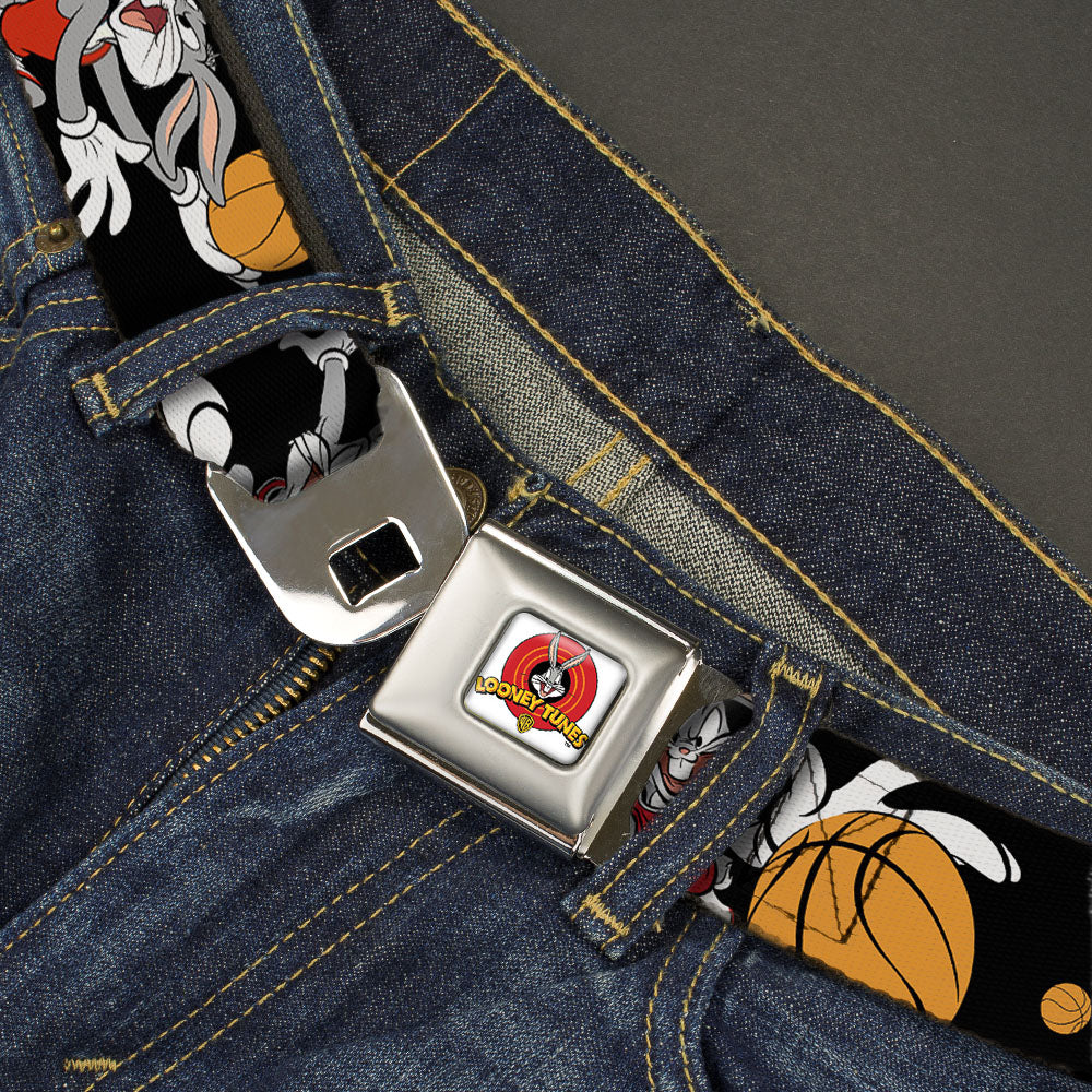 Looney Tunes Logo Full Color White Seatbelt Belt - Bugs Bunny 4-Basketball Poses Black Webbing Seatbelt Belts Looney Tunes