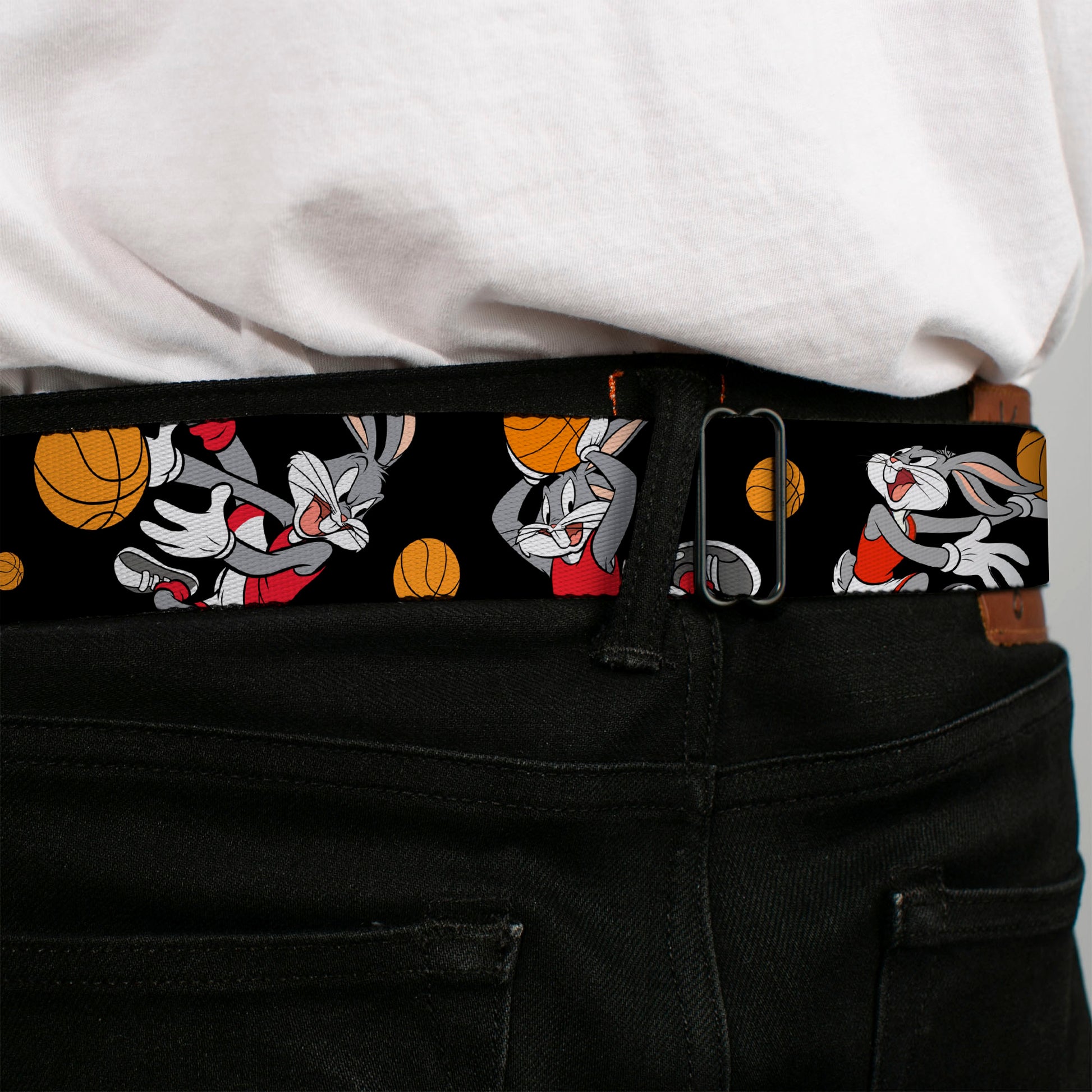 Looney Tunes Logo Full Color White Seatbelt Belt - Bugs Bunny 4-Basketball Poses Black Webbing Seatbelt Belts Looney Tunes