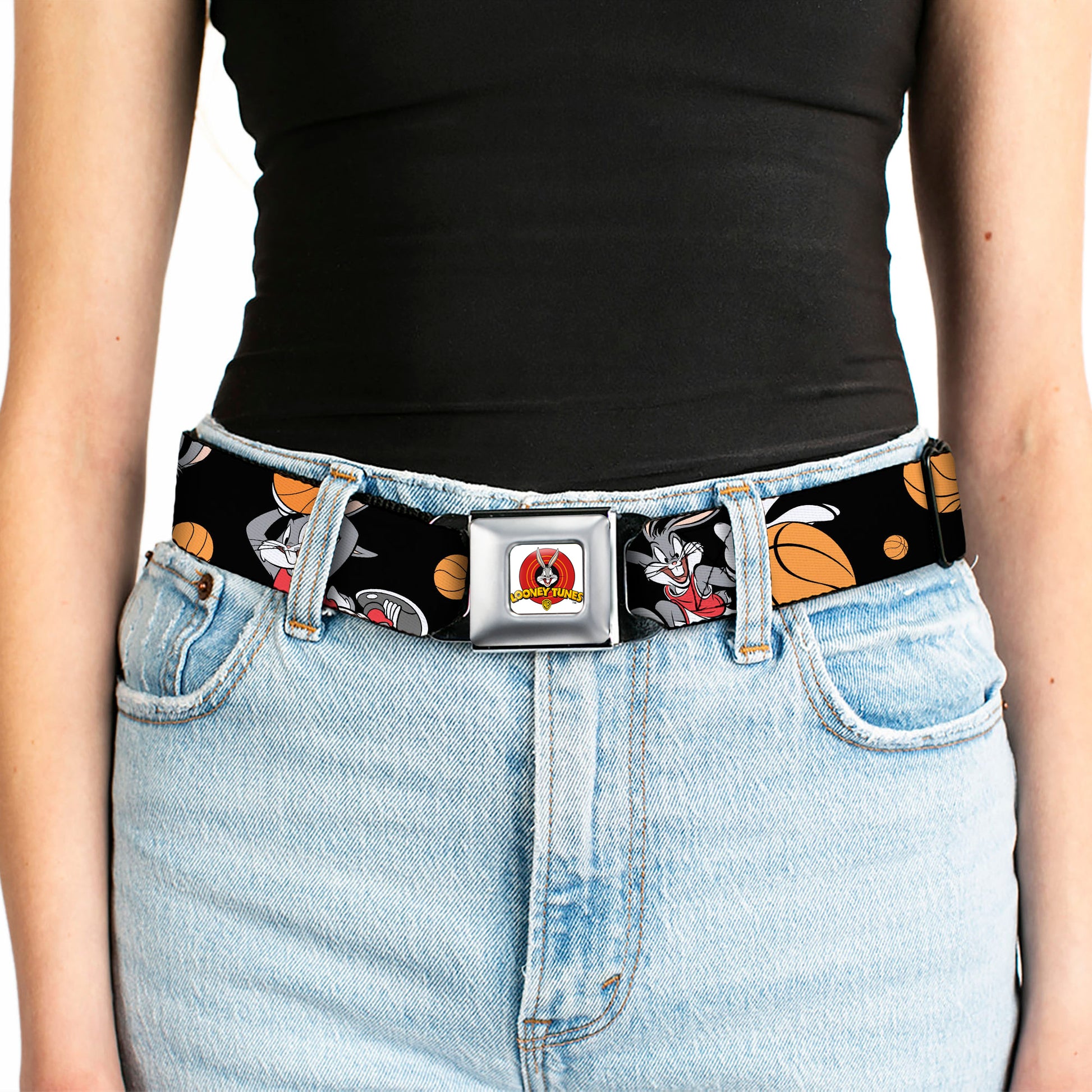 Looney Tunes Logo Full Color White Seatbelt Belt - Bugs Bunny 4-Basketball Poses Black Webbing Seatbelt Belts Looney Tunes