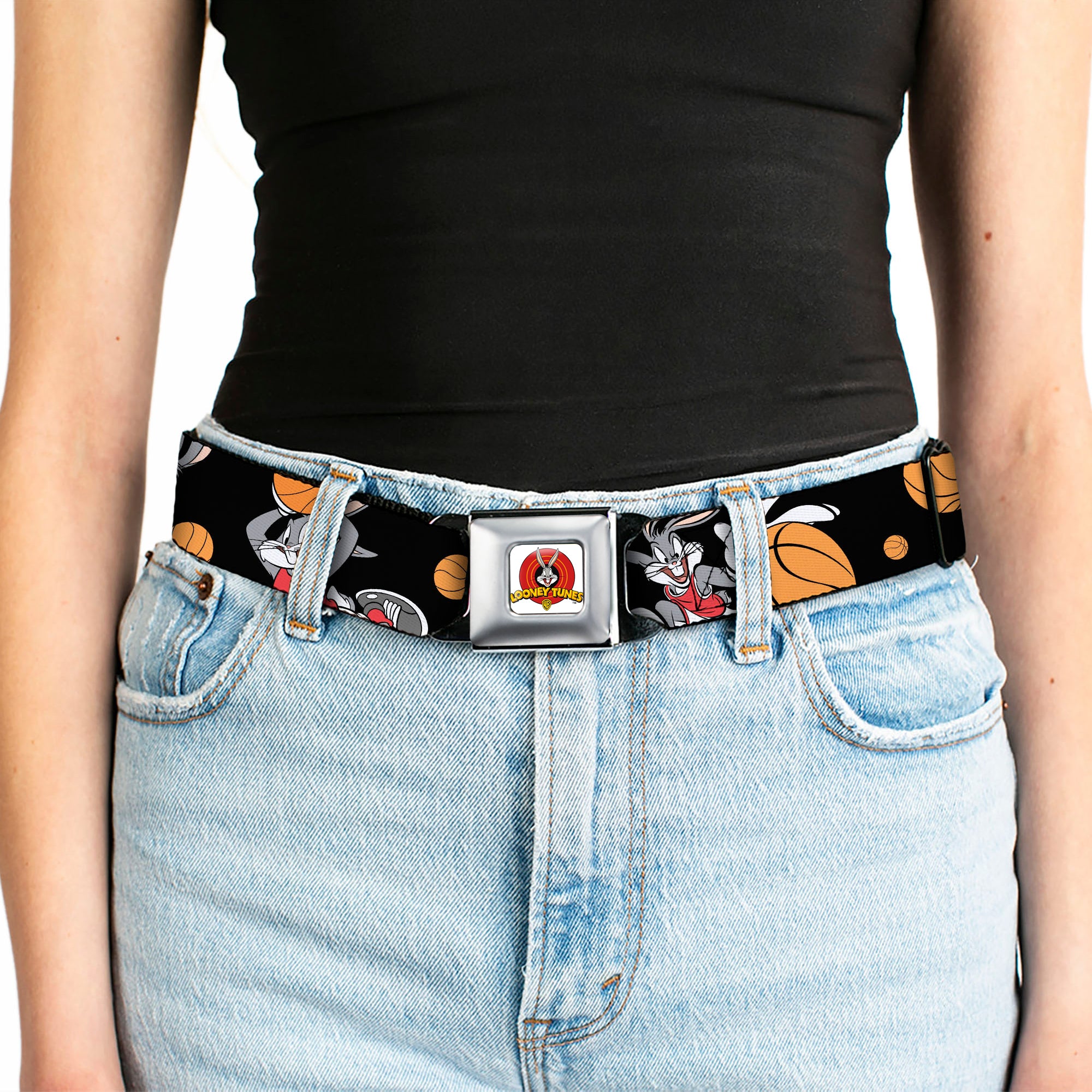 Looney Tunes Logo Full Color White Seatbelt Belt - Bugs Bunny 4-Basketball Poses Black Webbing Seatbelt Belts Looney Tunes