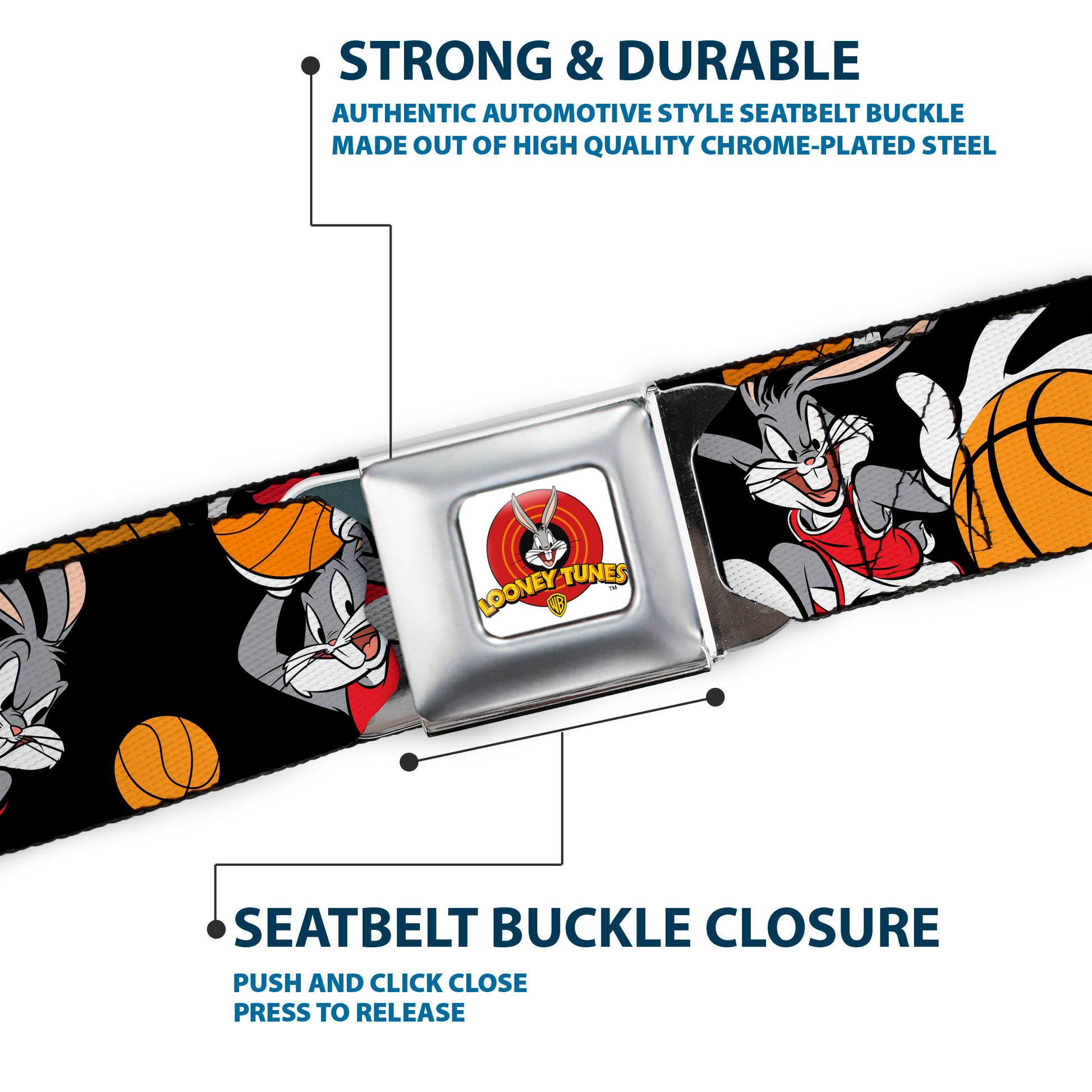 Looney Tunes Logo Full Color White Seatbelt Belt - Bugs Bunny 4-Basketball Poses Black Webbing Seatbelt Belts Looney Tunes