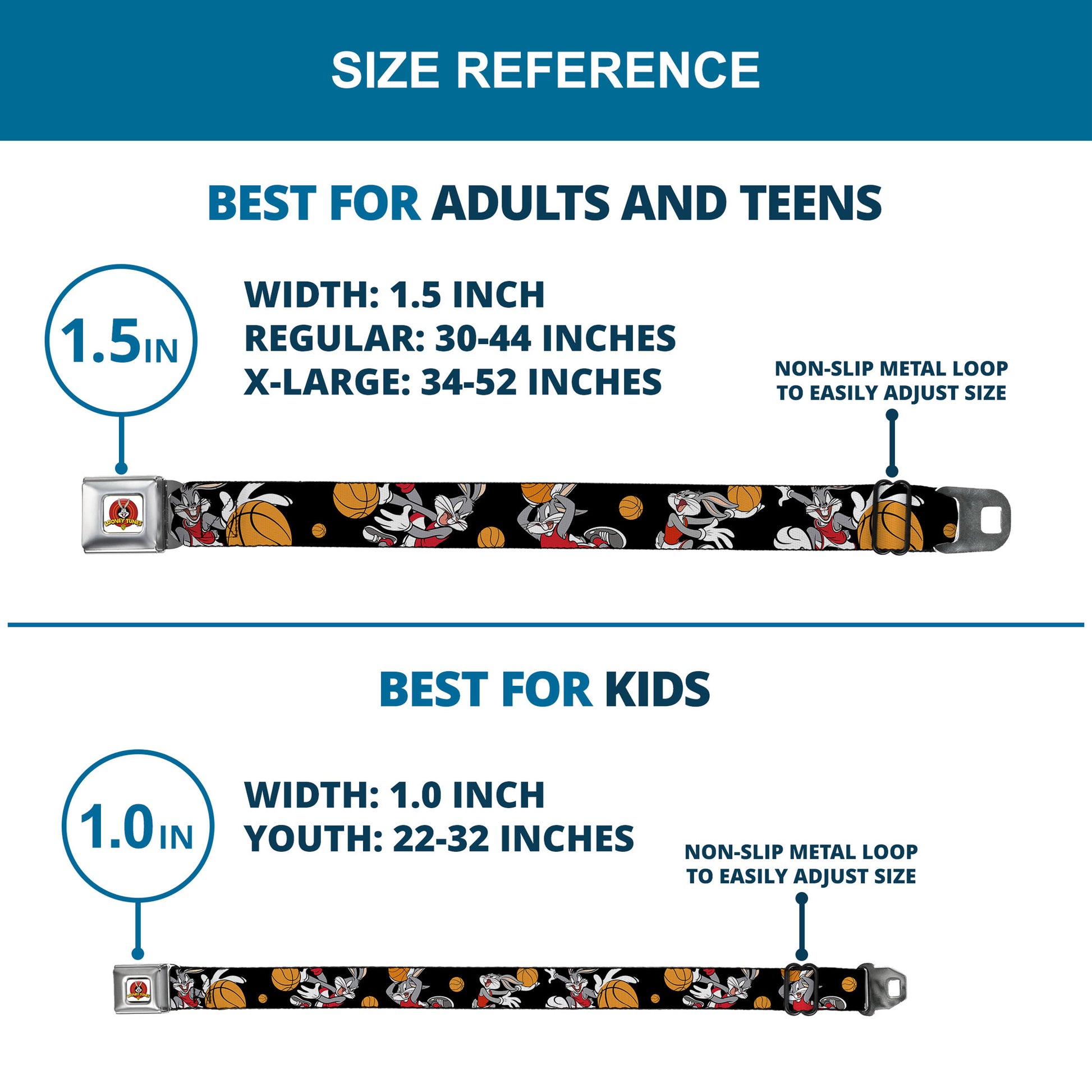 Looney Tunes Logo Full Color White Seatbelt Belt - Bugs Bunny 4-Basketball Poses Black Webbing Seatbelt Belts Looney Tunes