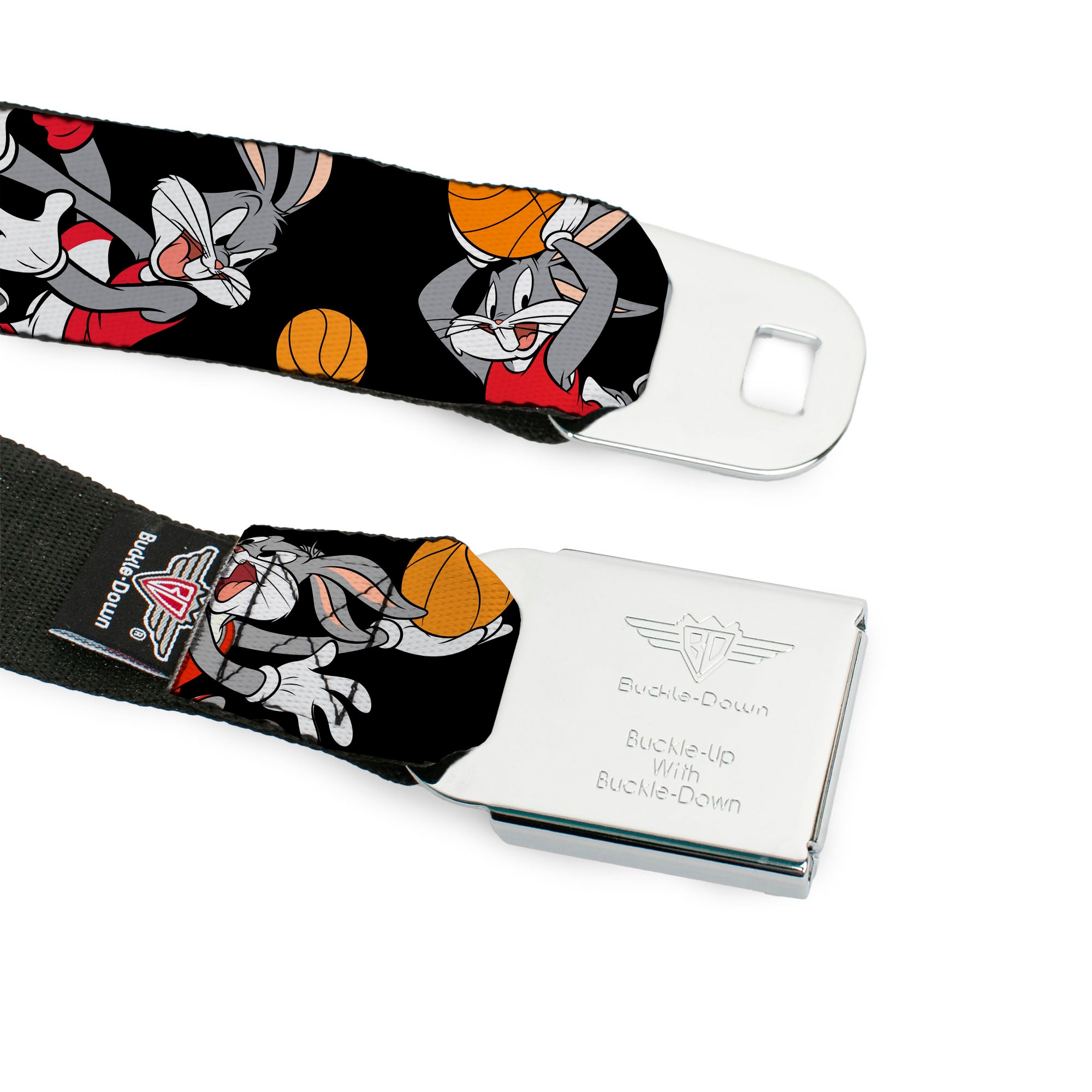 Looney Tunes Logo Full Color White Seatbelt Belt - Bugs Bunny 4-Basketball Poses Black Webbing Seatbelt Belts Looney Tunes