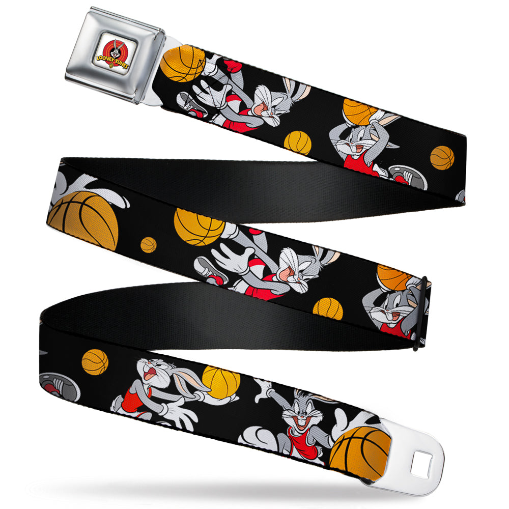 Looney Tunes Logo Full Color White Seatbelt Belt - Bugs Bunny 4-Basketball Poses Black Webbing Seatbelt Belts Looney Tunes