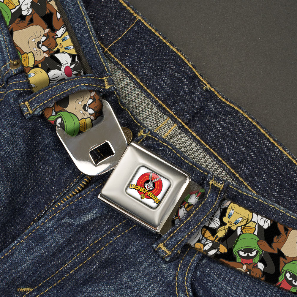 Looney Tunes Logo Full Color White Seatbelt Belt - Looney Tunes 6-Character Stacked Collage4 Webbing Seatbelt Belts Looney Tunes