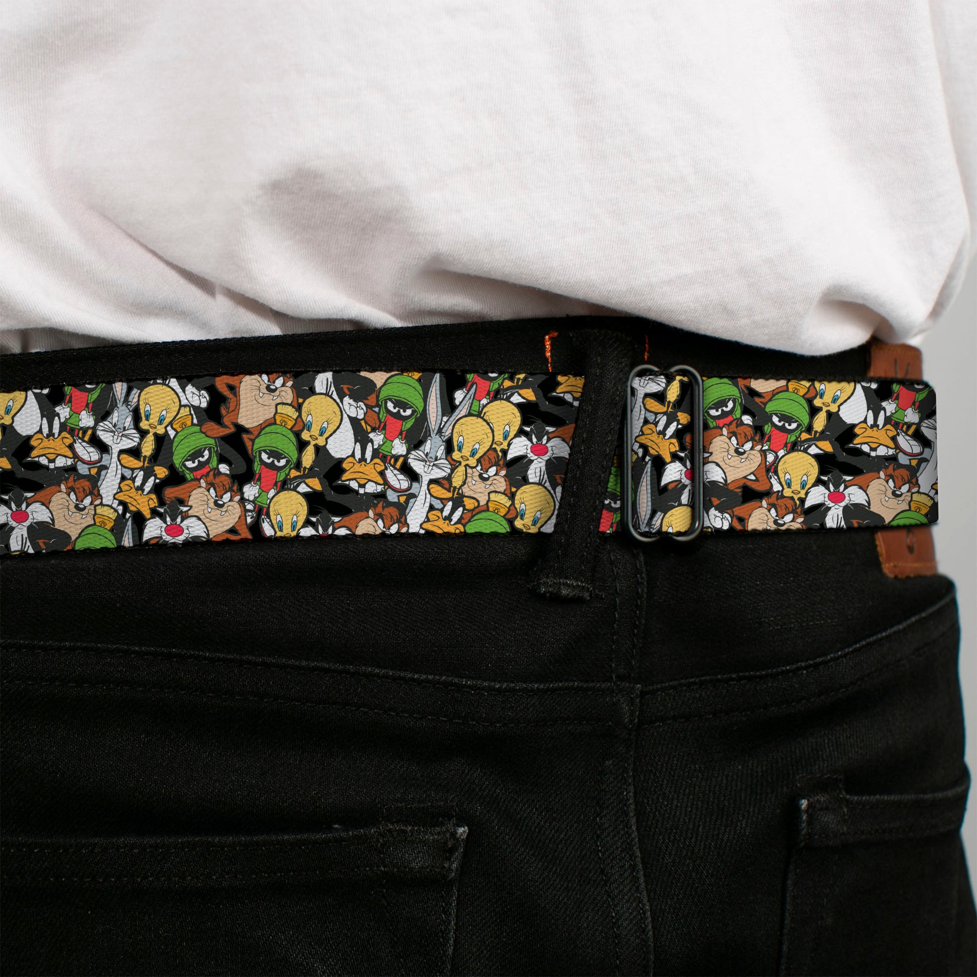 Looney Tunes Logo Full Color White Seatbelt Belt - Looney Tunes 6-Character Stacked Collage4 Webbing Seatbelt Belts Looney Tunes