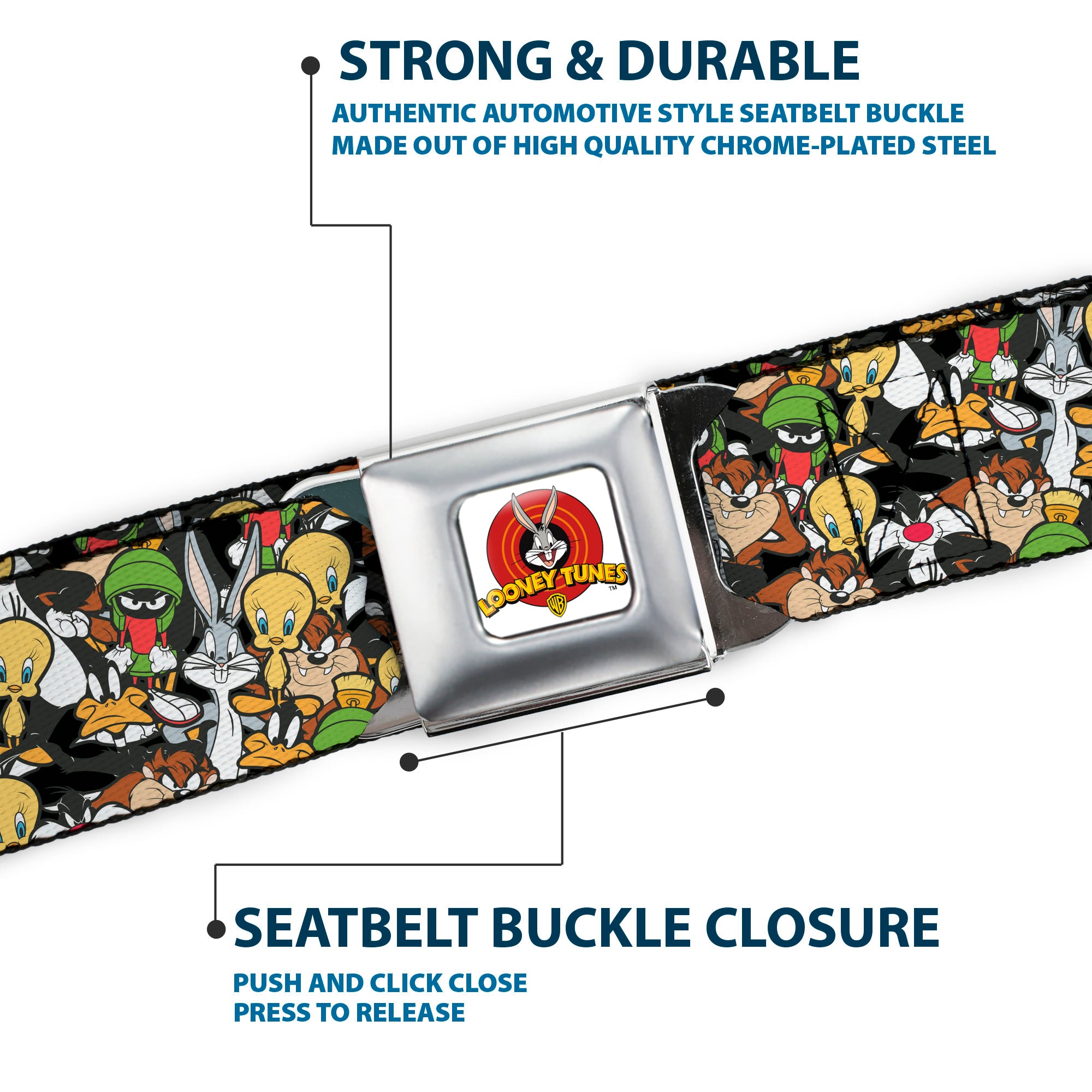 Looney Tunes Logo Full Color White Seatbelt Belt - Looney Tunes 6-Character Stacked Collage4 Webbing Seatbelt Belts Looney Tunes