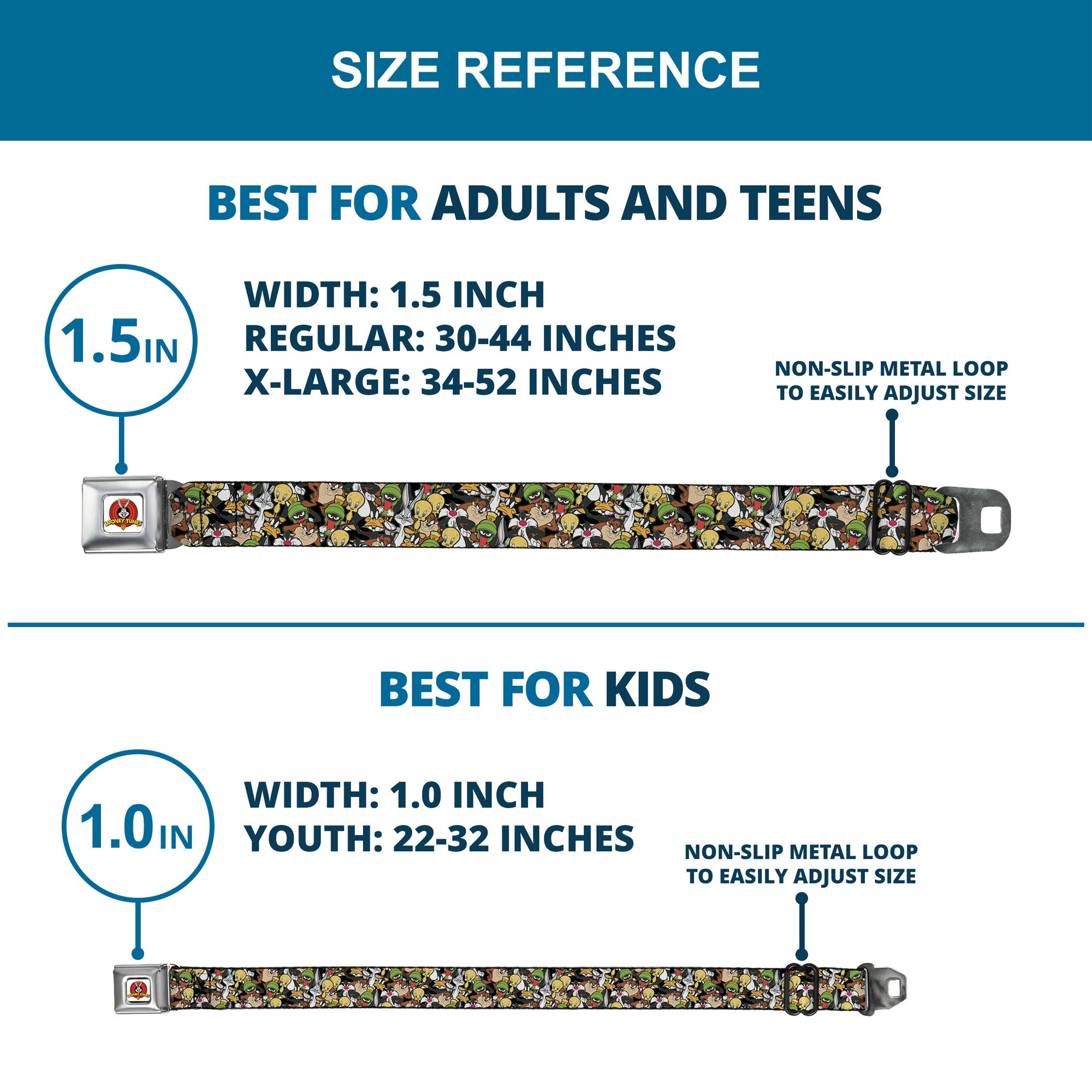 Looney Tunes Logo Full Color White Seatbelt Belt - Looney Tunes 6-Character Stacked Collage4 Webbing Seatbelt Belts Looney Tunes