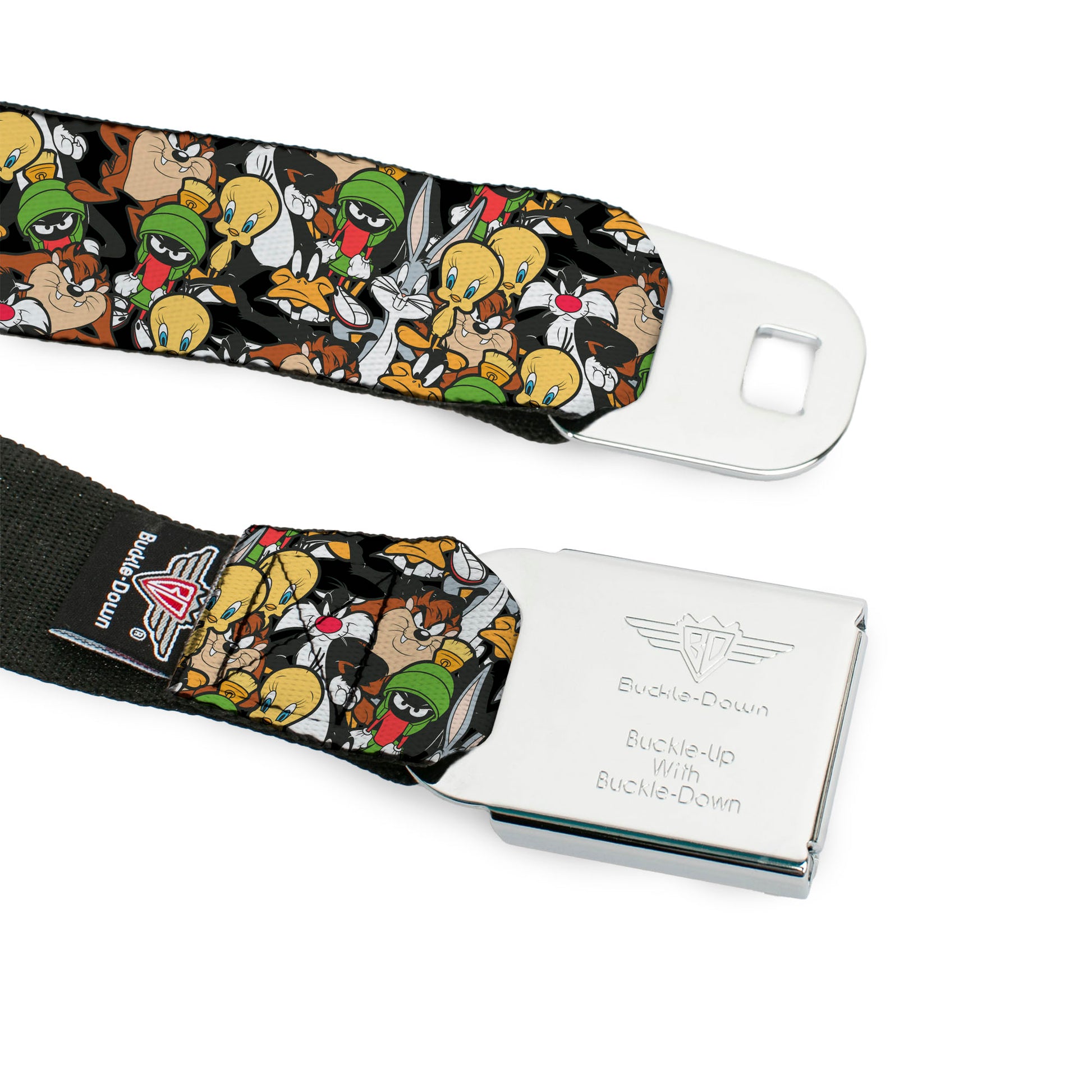 Looney Tunes Logo Full Color White Seatbelt Belt - Looney Tunes 6-Character Stacked Collage4 Webbing Seatbelt Belts Looney Tunes