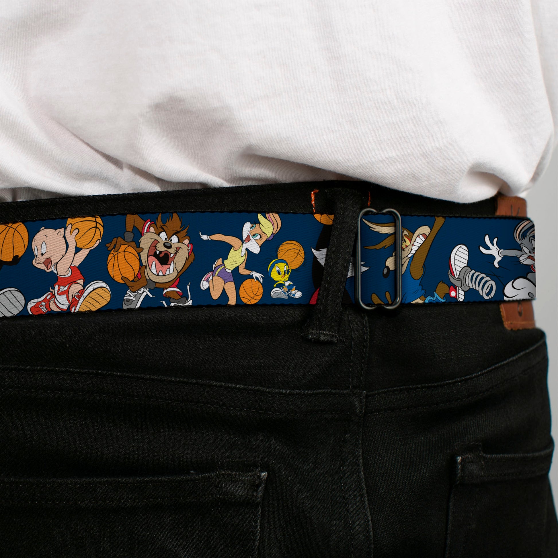 Looney Tunes Logo Full Color White Seatbelt Belt - Looney Tunes Basketball 8-Player Action Poses Navy Webbing Seatbelt Belts Looney Tunes