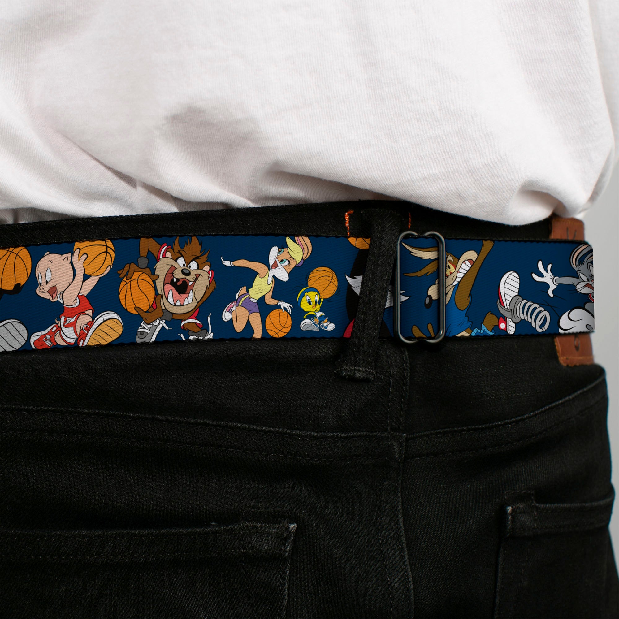 Looney Tunes Logo Full Color White Seatbelt Belt - Looney Tunes Basketball 8-Player Action Poses Navy Webbing Seatbelt Belts Looney Tunes