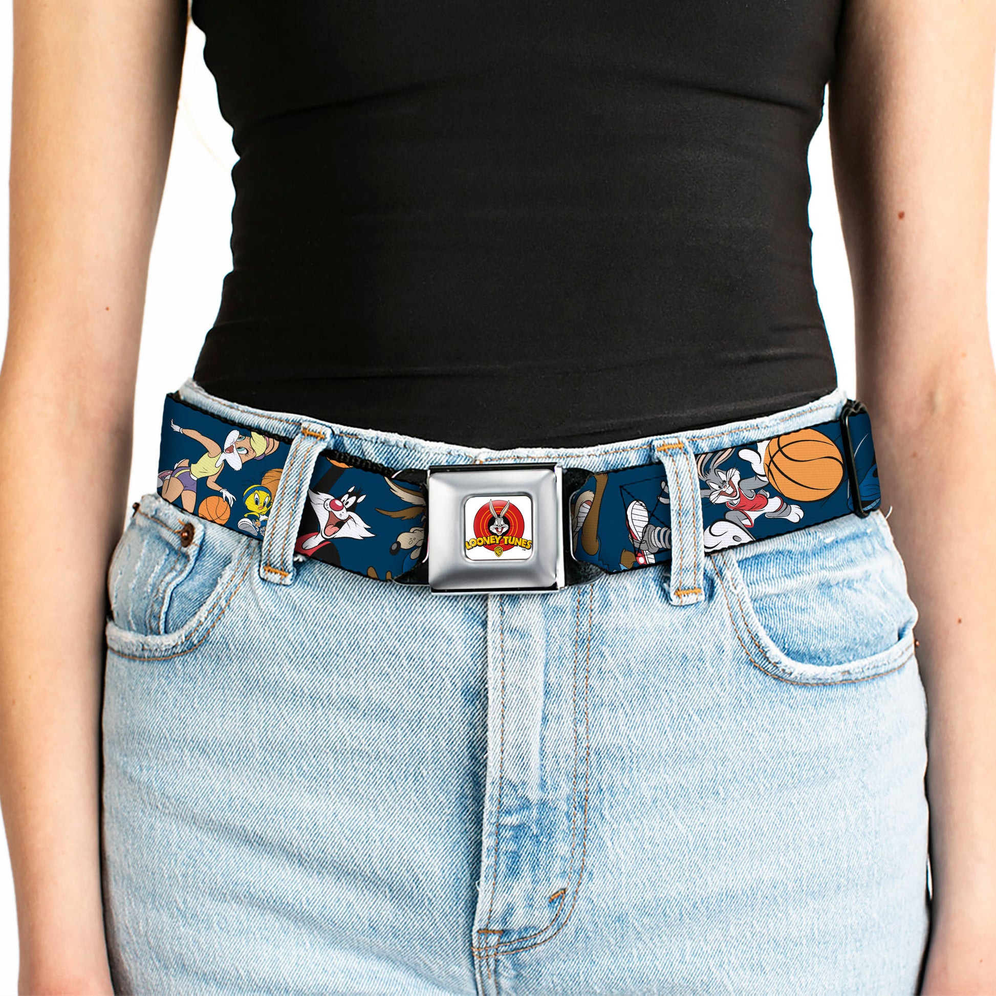 Looney Tunes Logo Full Color White Seatbelt Belt - Looney Tunes Basketball 8-Player Action Poses Navy Webbing Seatbelt Belts Looney Tunes