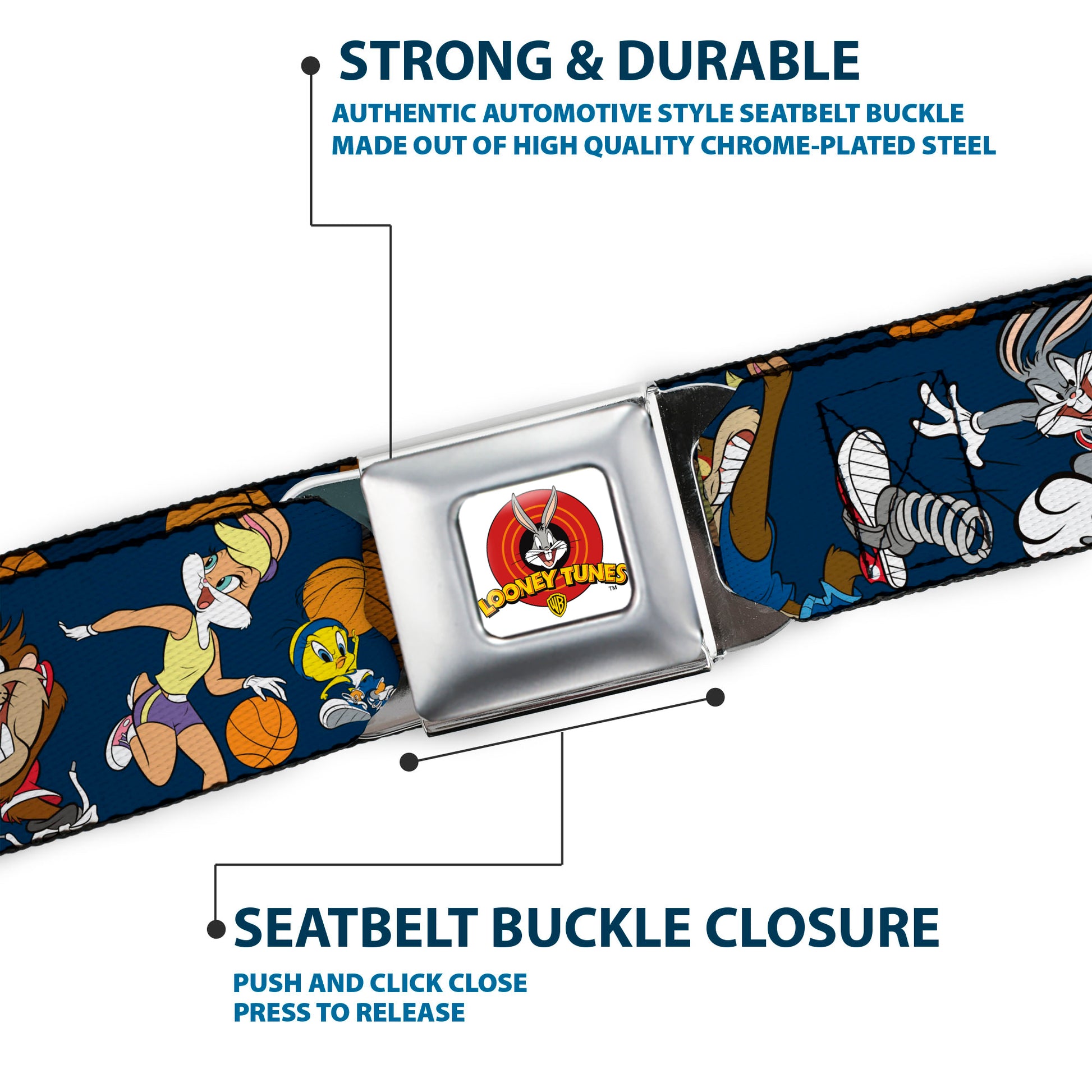 Looney Tunes Logo Full Color White Seatbelt Belt - Looney Tunes Basketball 8-Player Action Poses Navy Webbing Seatbelt Belts Looney Tunes