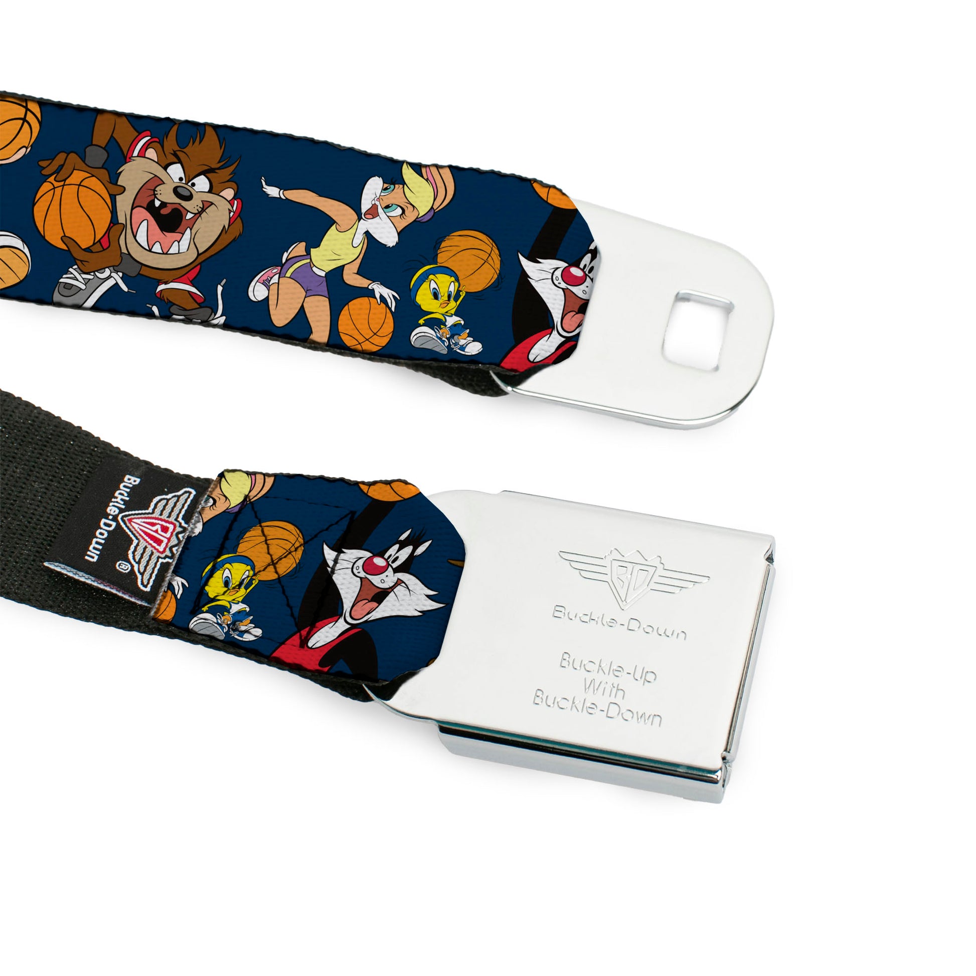 Looney Tunes Logo Full Color White Seatbelt Belt - Looney Tunes Basketball 8-Player Action Poses Navy Webbing Seatbelt Belts Looney Tunes