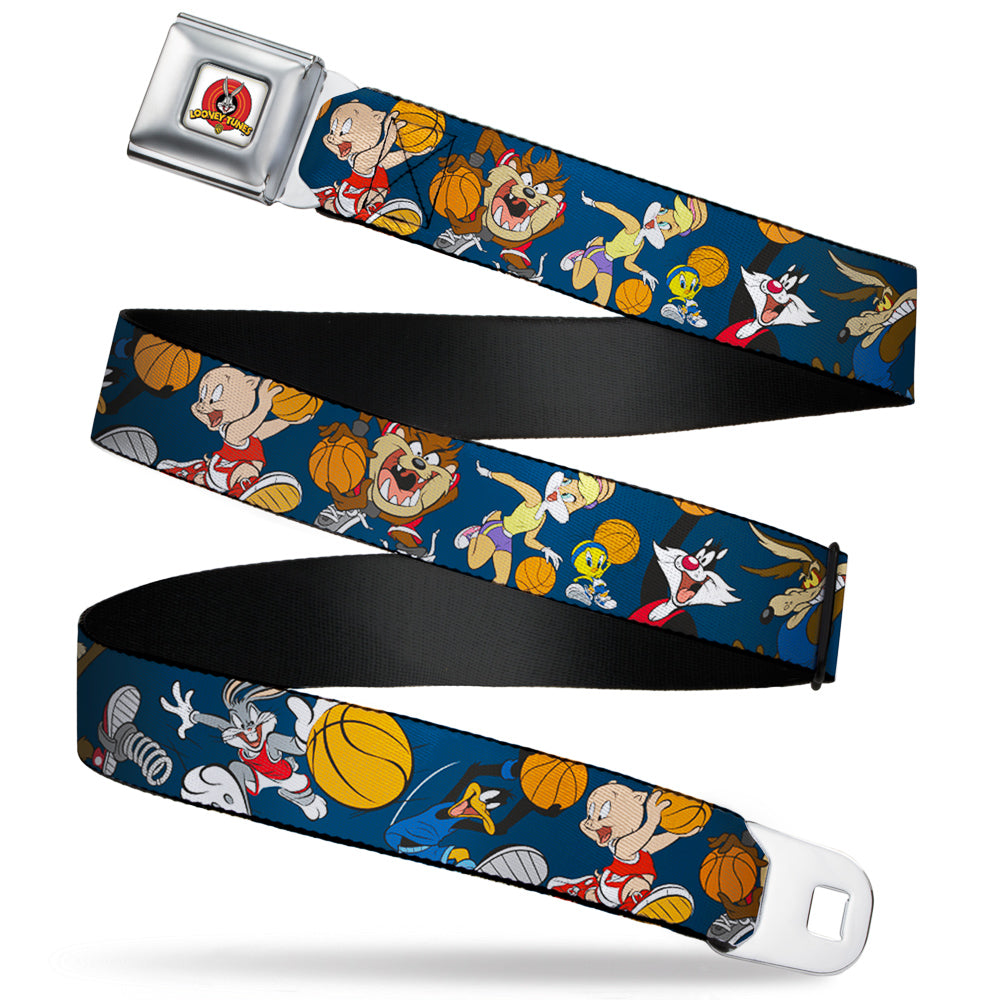 Looney Tunes Logo Full Color White Seatbelt Belt - Looney Tunes Basketball 8-Player Action Poses Navy Webbing Seatbelt Belts Looney Tunes
