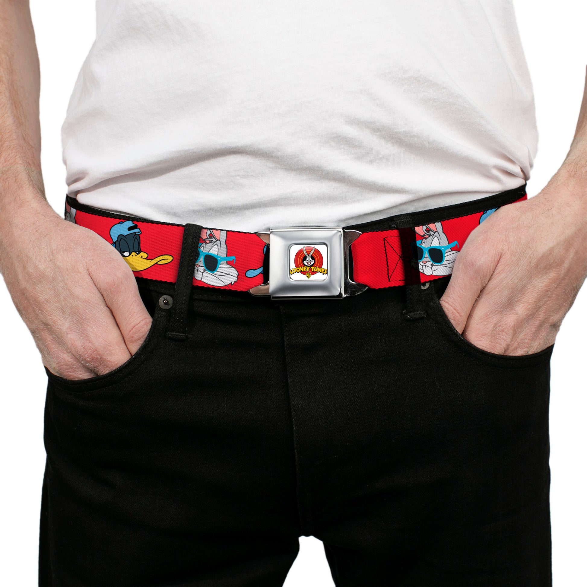 Looney Tunes Logo Full Color White Seatbelt Belt - Bugs Bunny & Daffy Duck Hip Hop Expression Red Webbing Seatbelt Belts Looney Tunes