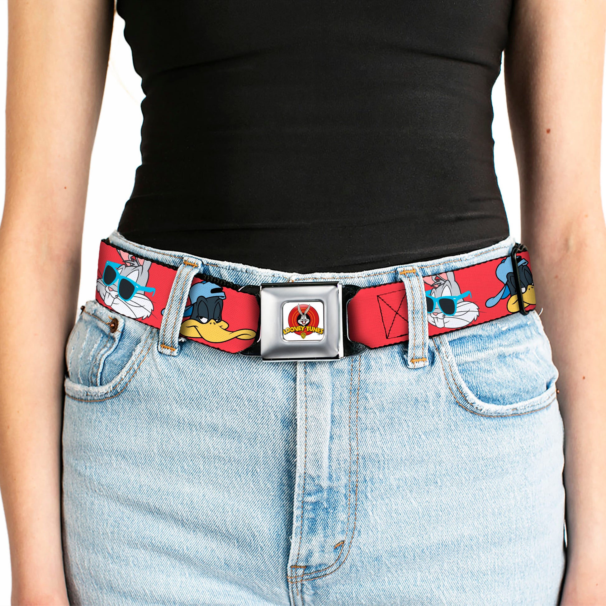 Looney Tunes Logo Full Color White Seatbelt Belt - Bugs Bunny & Daffy Duck Hip Hop Expression Red Webbing Seatbelt Belts Looney Tunes