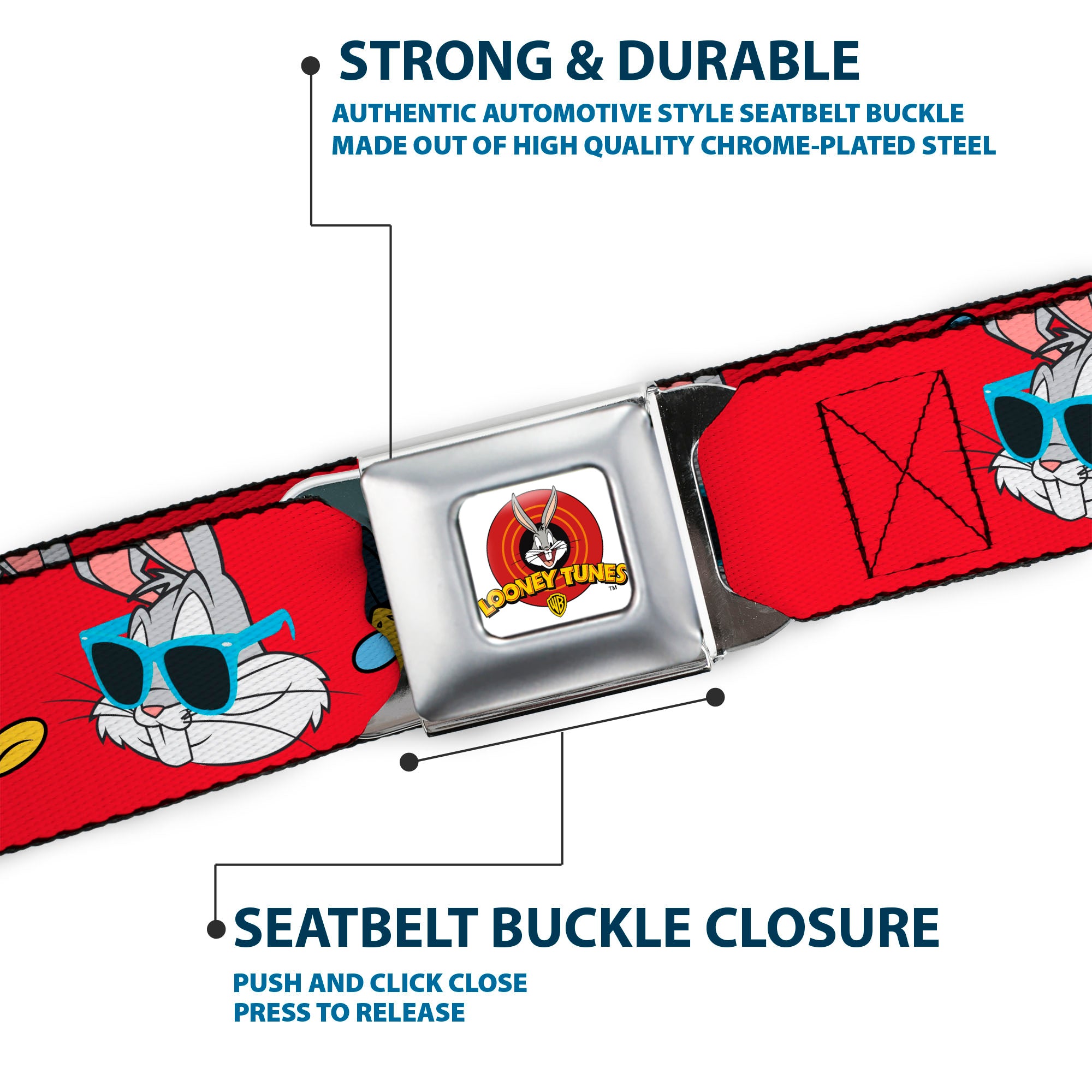 Looney Tunes Logo Full Color White Seatbelt Belt - Bugs Bunny & Daffy Duck Hip Hop Expression Red Webbing Seatbelt Belts Looney Tunes