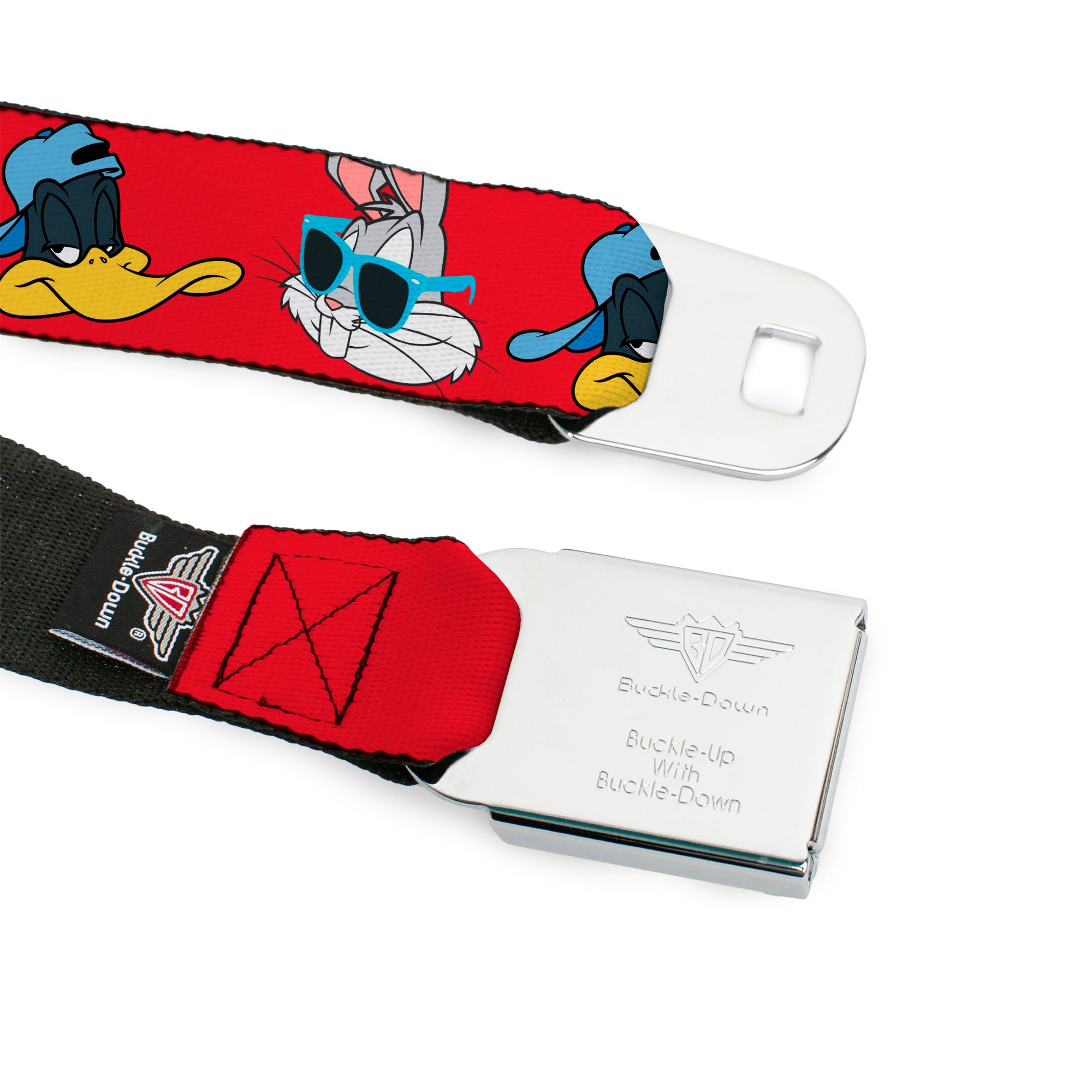 Looney Tunes Logo Full Color White Seatbelt Belt - Bugs Bunny & Daffy Duck Hip Hop Expression Red Webbing Seatbelt Belts Looney Tunes