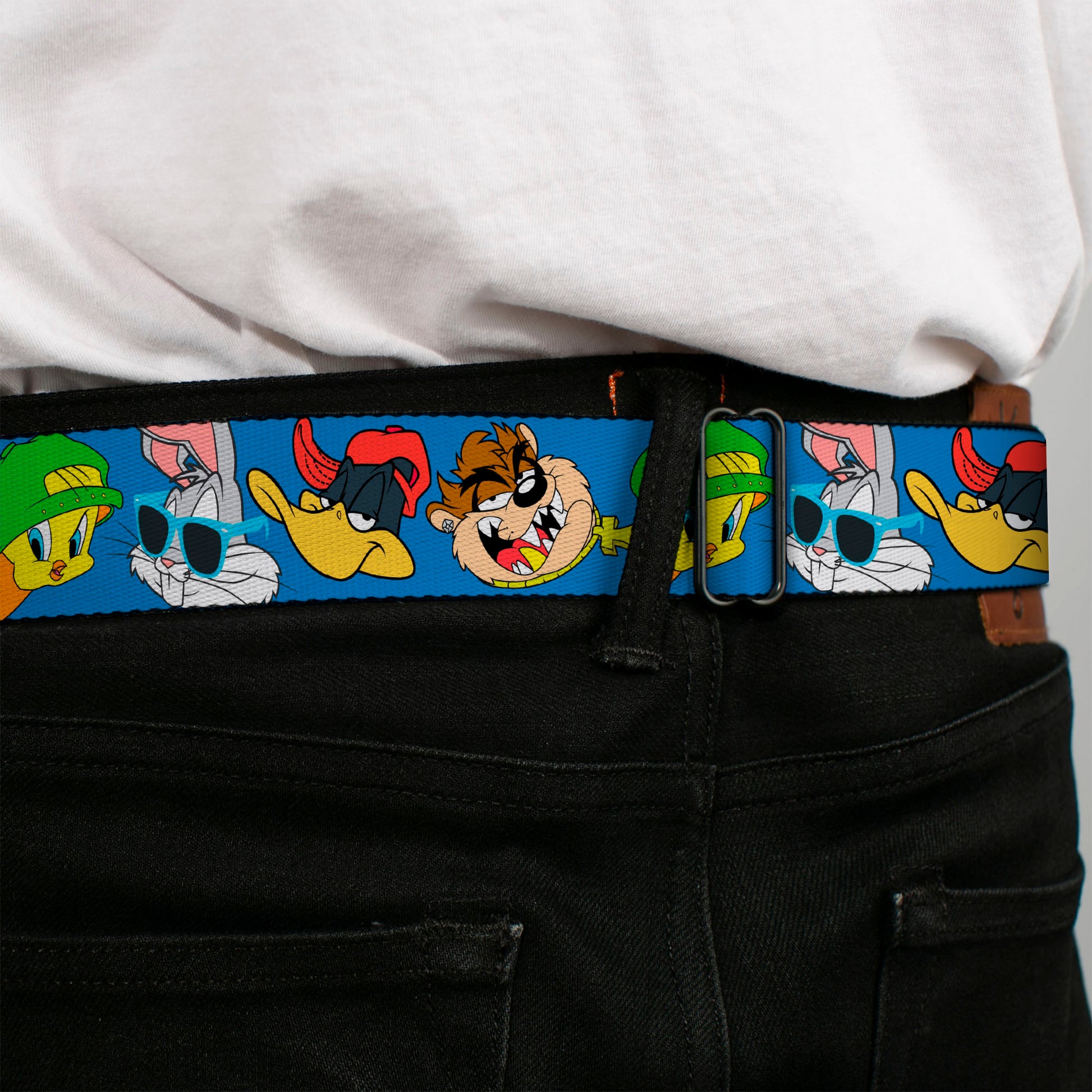 Looney Tunes Logo Full Color White Seatbelt Belt - Looney Tunes 4-Hip Hop Expressions Blue Webbing Seatbelt Belts Looney Tunes