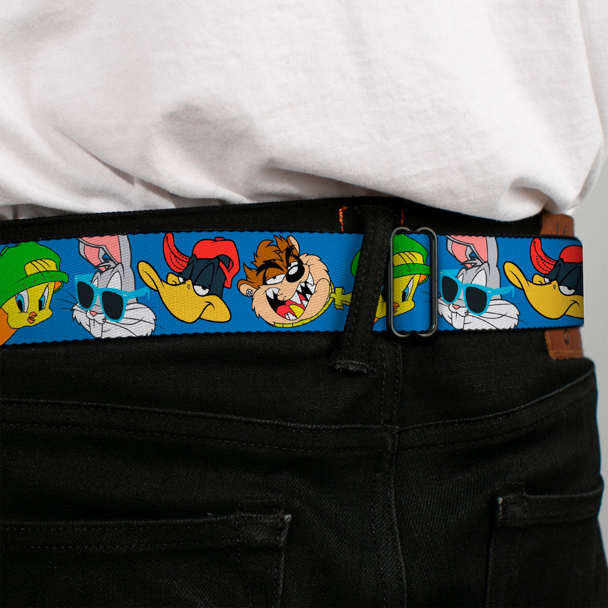 Looney Tunes Logo Full Color White Seatbelt Belt - Looney Tunes 4-Hip Hop Expressions Blue Webbing Seatbelt Belts Looney Tunes