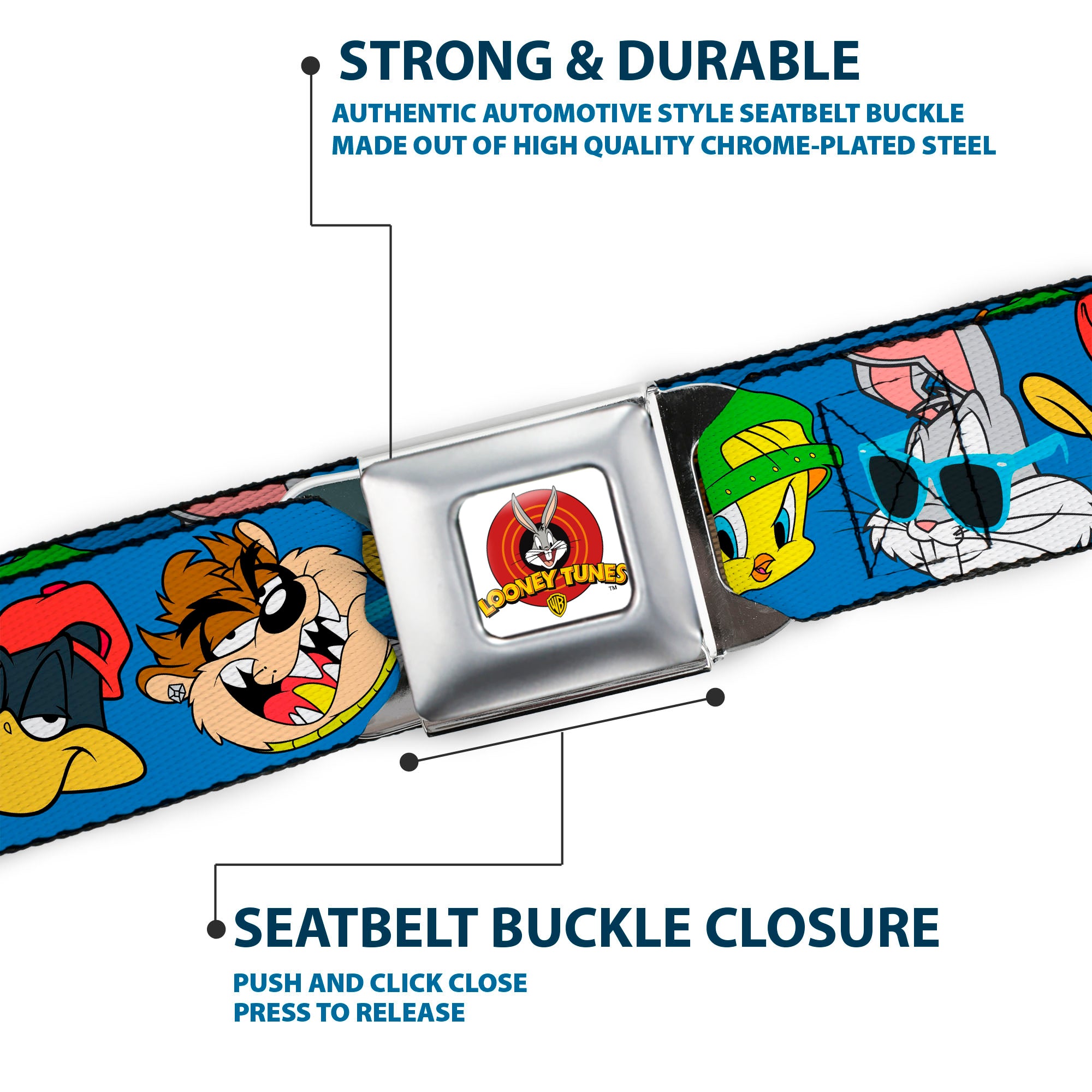 Looney Tunes Logo Full Color White Seatbelt Belt - Looney Tunes 4-Hip Hop Expressions Blue Webbing Seatbelt Belts Looney Tunes