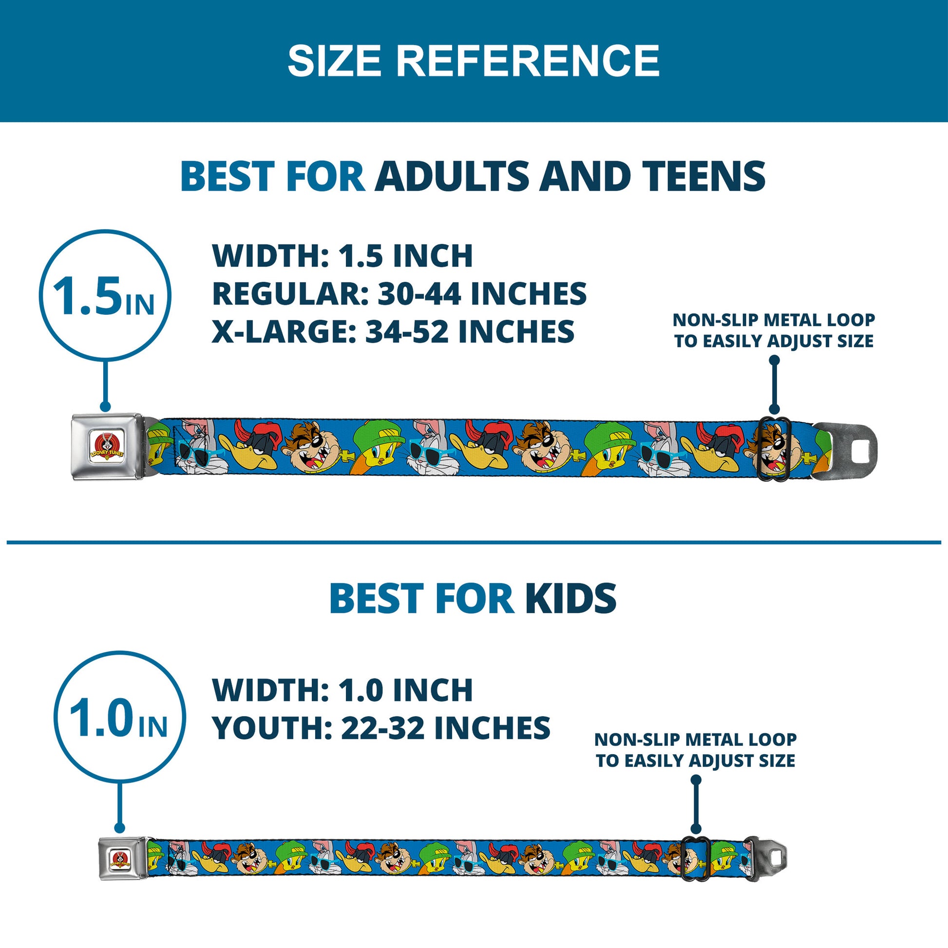 Looney Tunes Logo Full Color White Seatbelt Belt - Looney Tunes 4-Hip Hop Expressions Blue Webbing Seatbelt Belts Looney Tunes