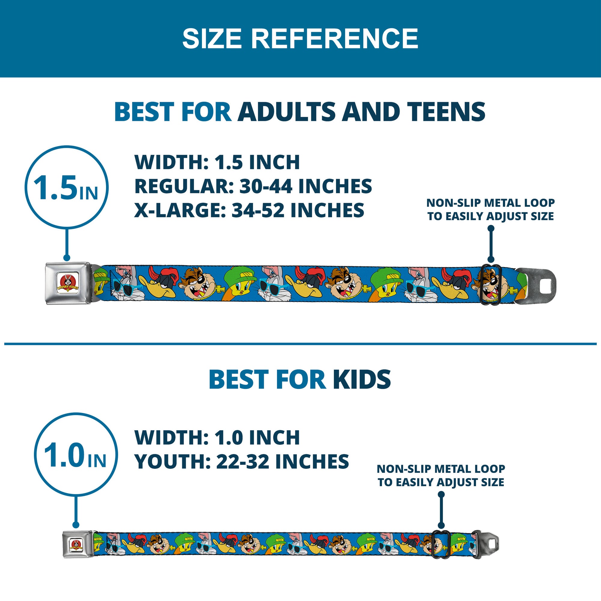 Looney Tunes Logo Full Color White Seatbelt Belt - Looney Tunes 4-Hip Hop Expressions Blue Webbing Seatbelt Belts Looney Tunes