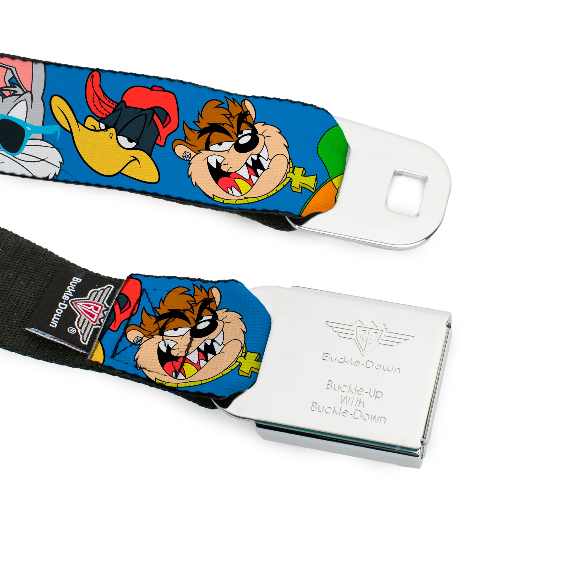 Looney Tunes Logo Full Color White Seatbelt Belt - Looney Tunes 4-Hip Hop Expressions Blue Webbing Seatbelt Belts Looney Tunes