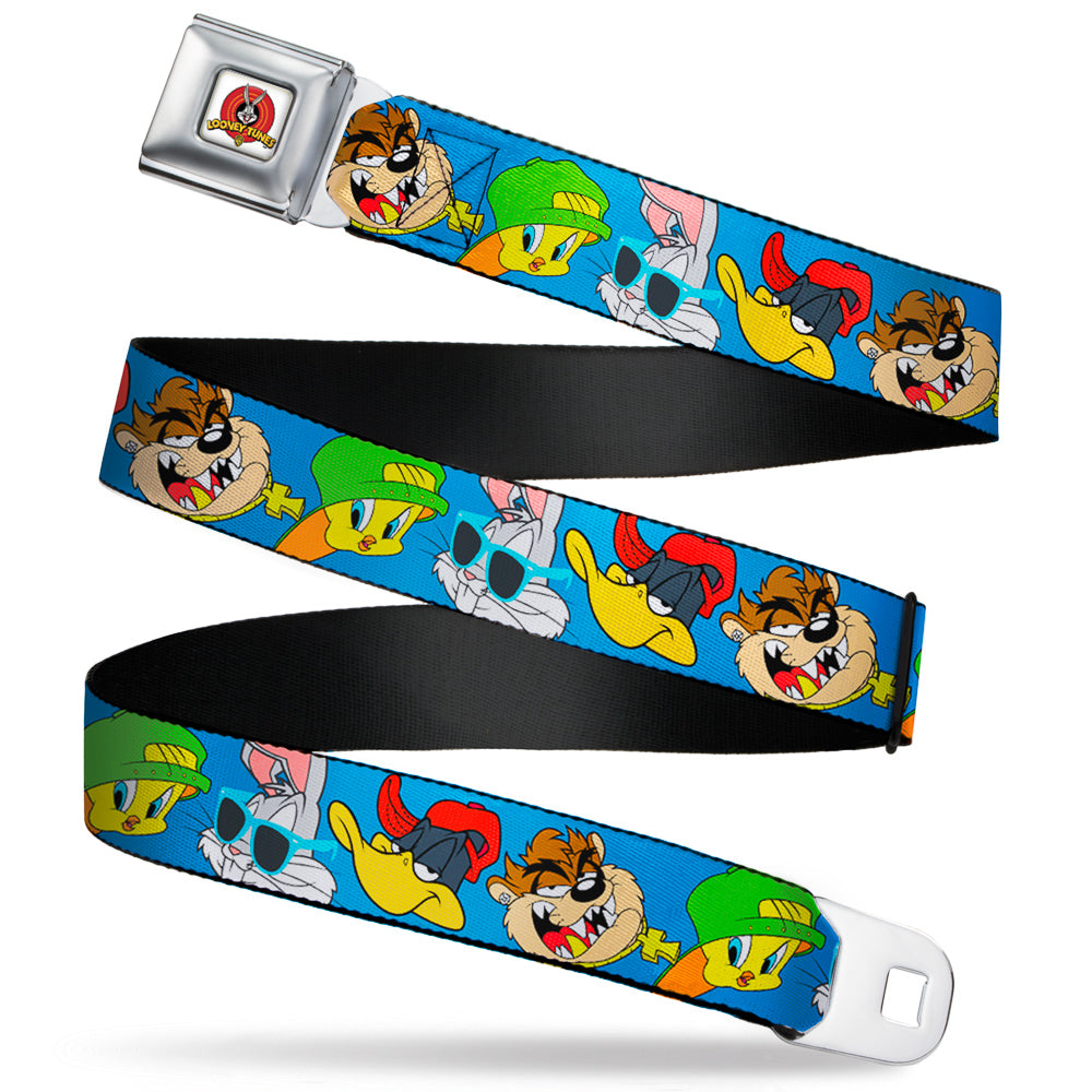 Looney Tunes Logo Full Color White Seatbelt Belt - Looney Tunes 4-Hip Hop Expressions Blue Webbing Seatbelt Belts Looney Tunes