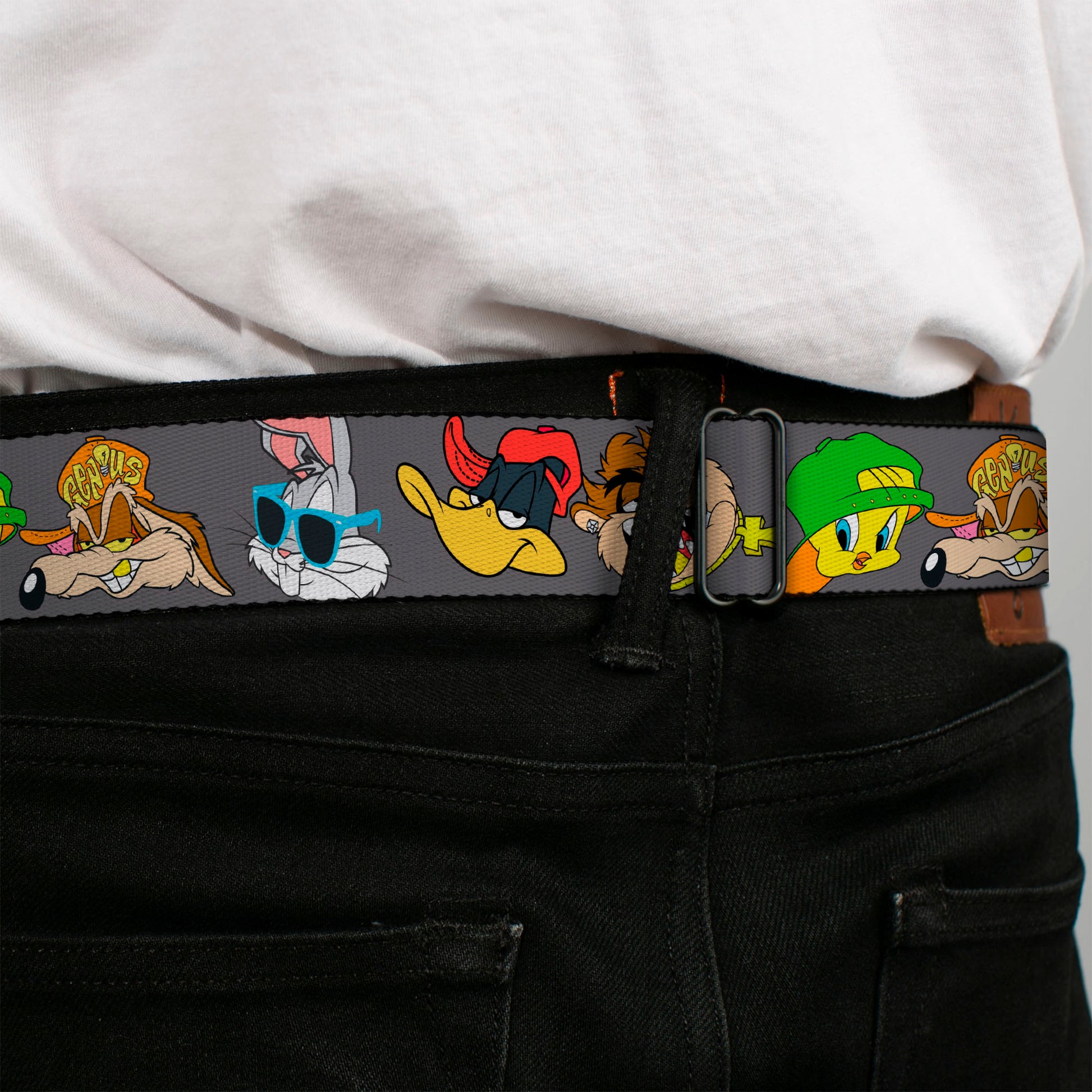 Looney Tunes Logo Full Color White Seatbelt Belt - Looney Tunes 5-Hip Hop Expressions Gray Webbing Seatbelt Belts Looney Tunes