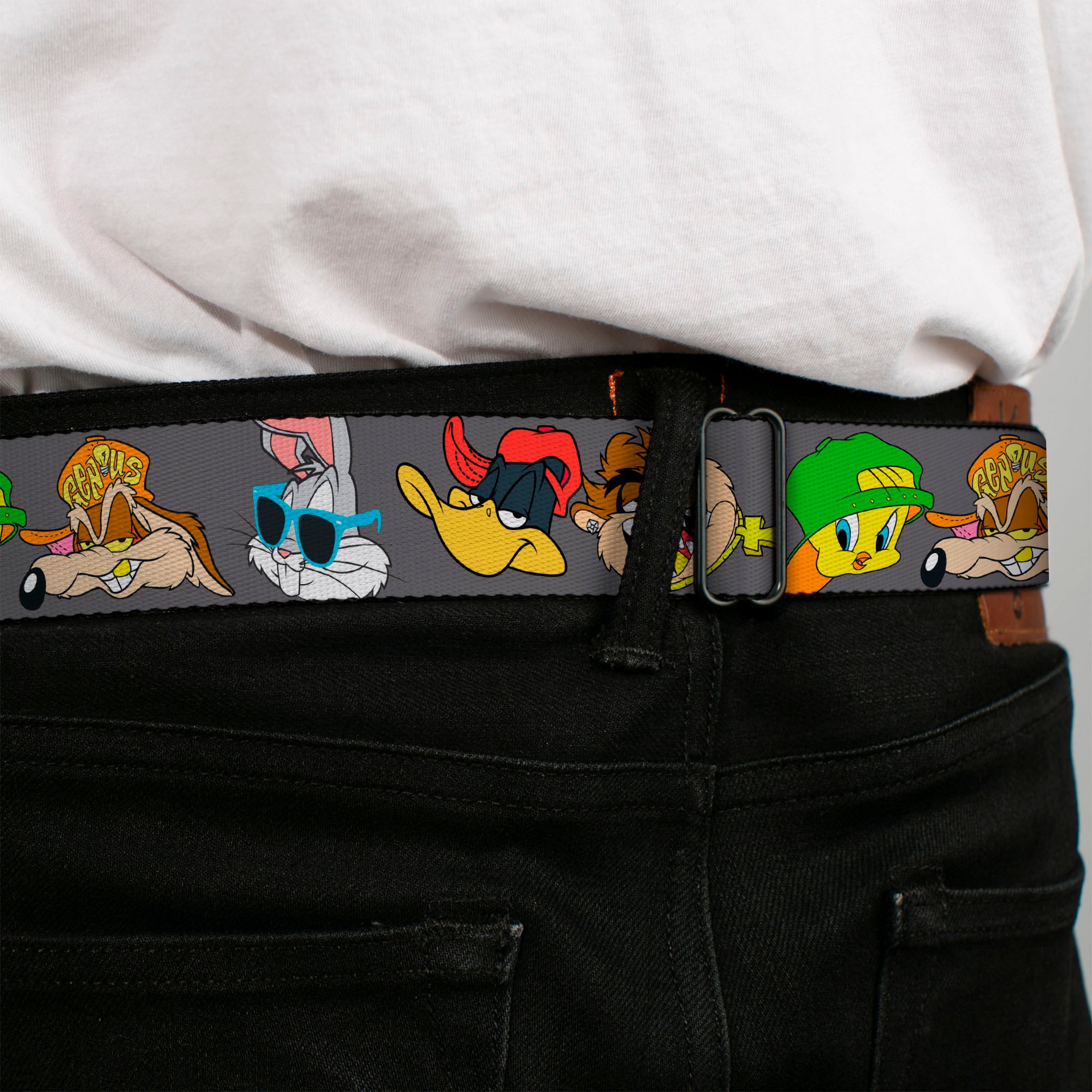 Looney Tunes Logo Full Color White Seatbelt Belt - Looney Tunes 5-Hip Hop Expressions Gray Webbing Seatbelt Belts Looney Tunes