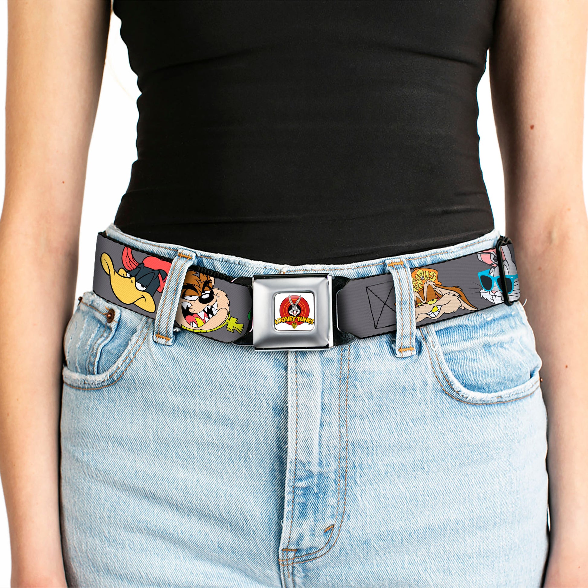 Looney Tunes Logo Full Color White Seatbelt Belt - Looney Tunes 5-Hip Hop Expressions Gray Webbing Seatbelt Belts Looney Tunes