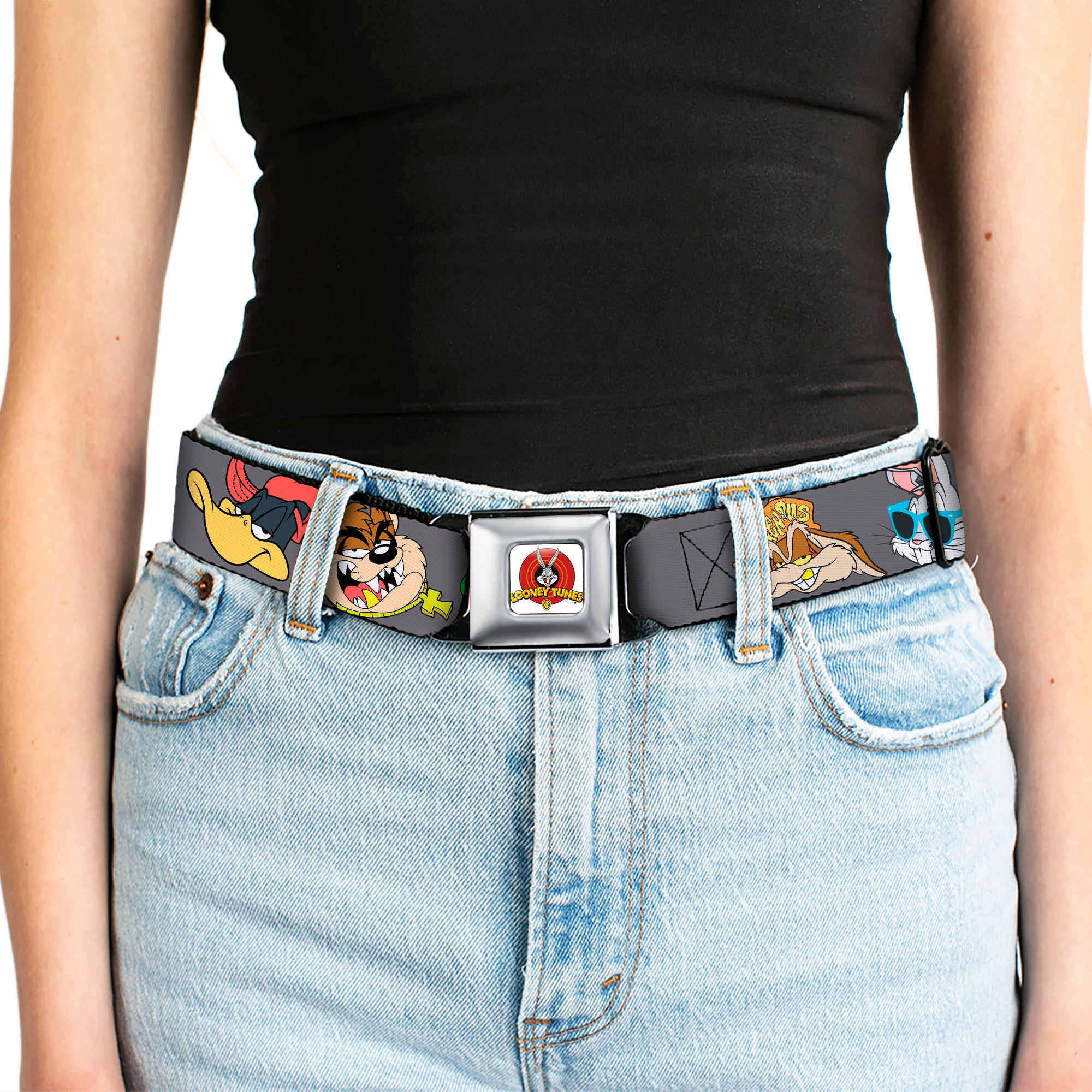 Looney Tunes Logo Full Color White Seatbelt Belt - Looney Tunes 5-Hip Hop Expressions Gray Webbing Seatbelt Belts Looney Tunes