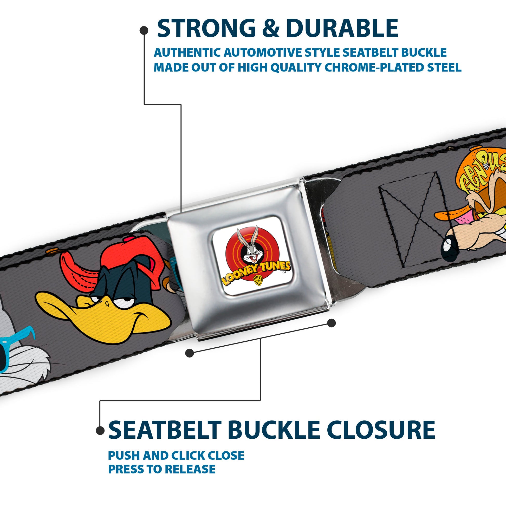 Looney Tunes Logo Full Color White Seatbelt Belt - Looney Tunes 5-Hip Hop Expressions Gray Webbing Seatbelt Belts Looney Tunes