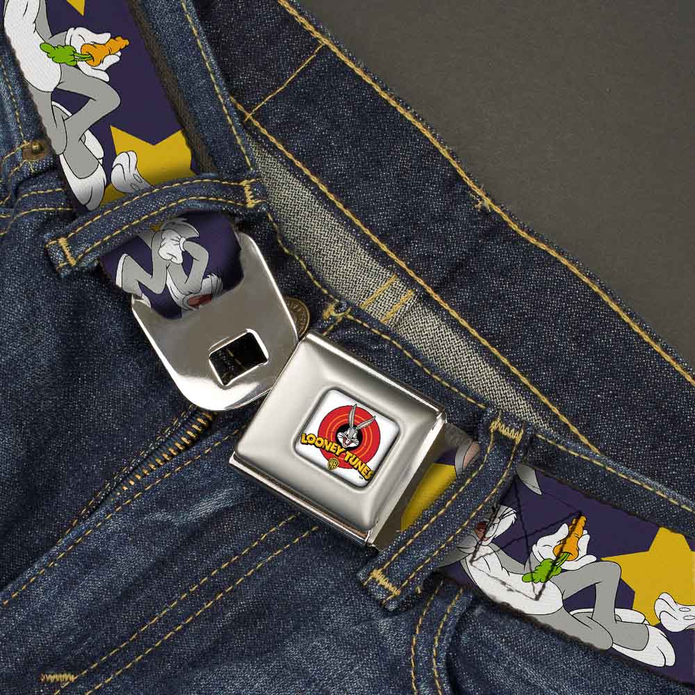 Looney Tunes Logo Full Color White Seatbelt Belt - Bugs Bunny Poses/Stars Navy Webbing Seatbelt Belts Looney Tunes