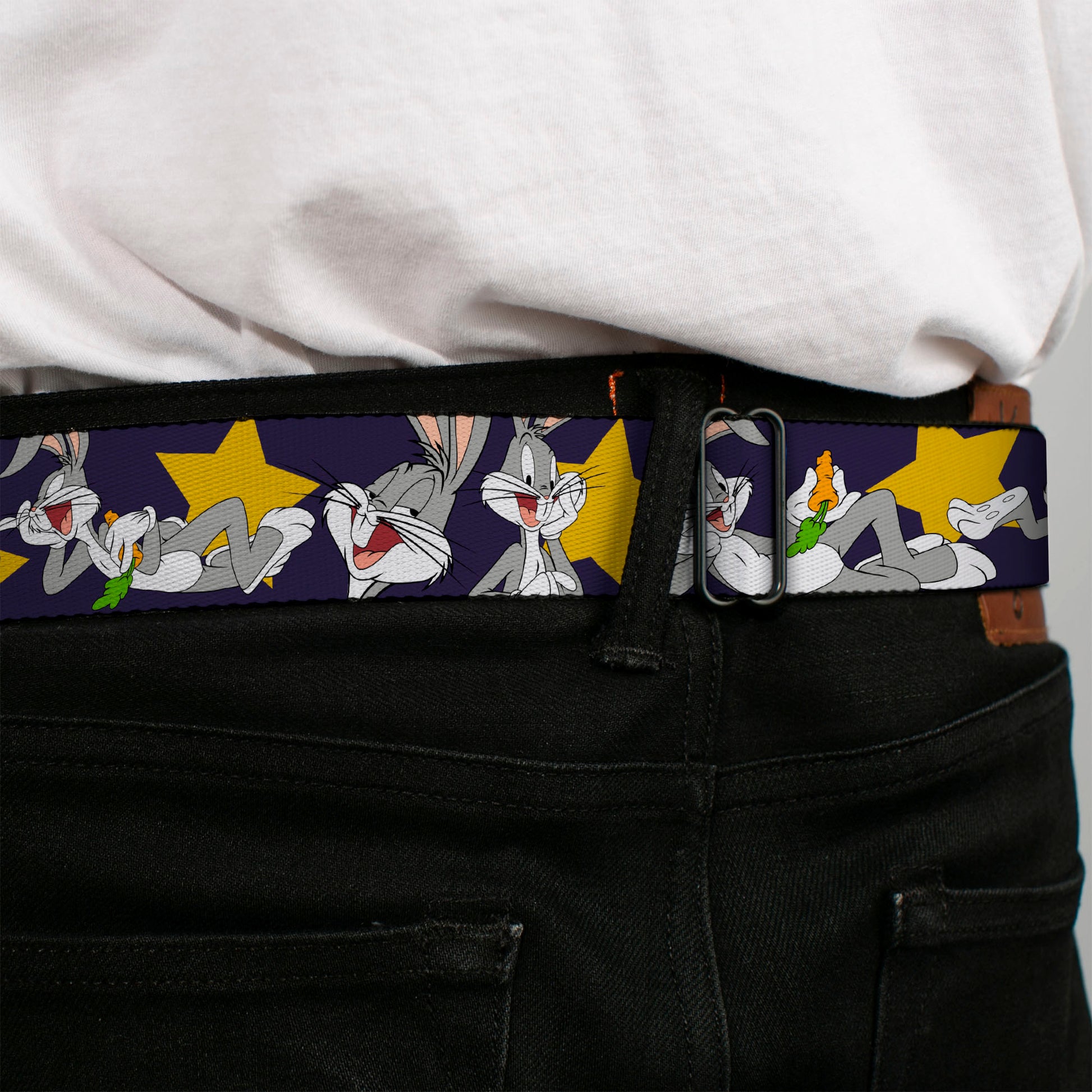 Looney Tunes Logo Full Color White Seatbelt Belt - Bugs Bunny Poses/Stars Navy Webbing Seatbelt Belts Looney Tunes