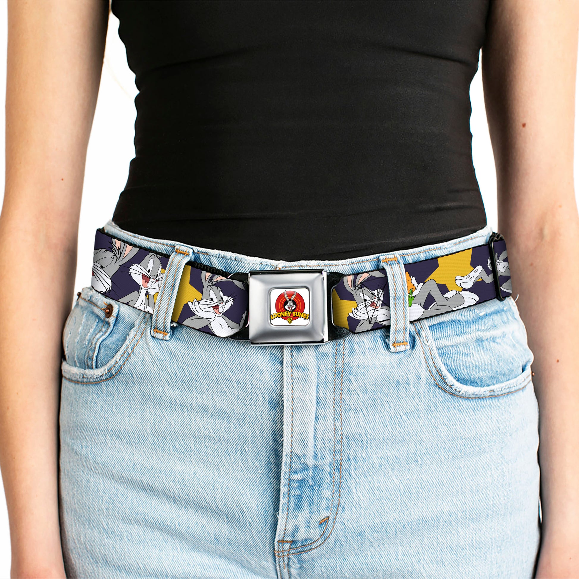 Looney Tunes Logo Full Color White Seatbelt Belt - Bugs Bunny Poses/Stars Navy Webbing Seatbelt Belts Looney Tunes