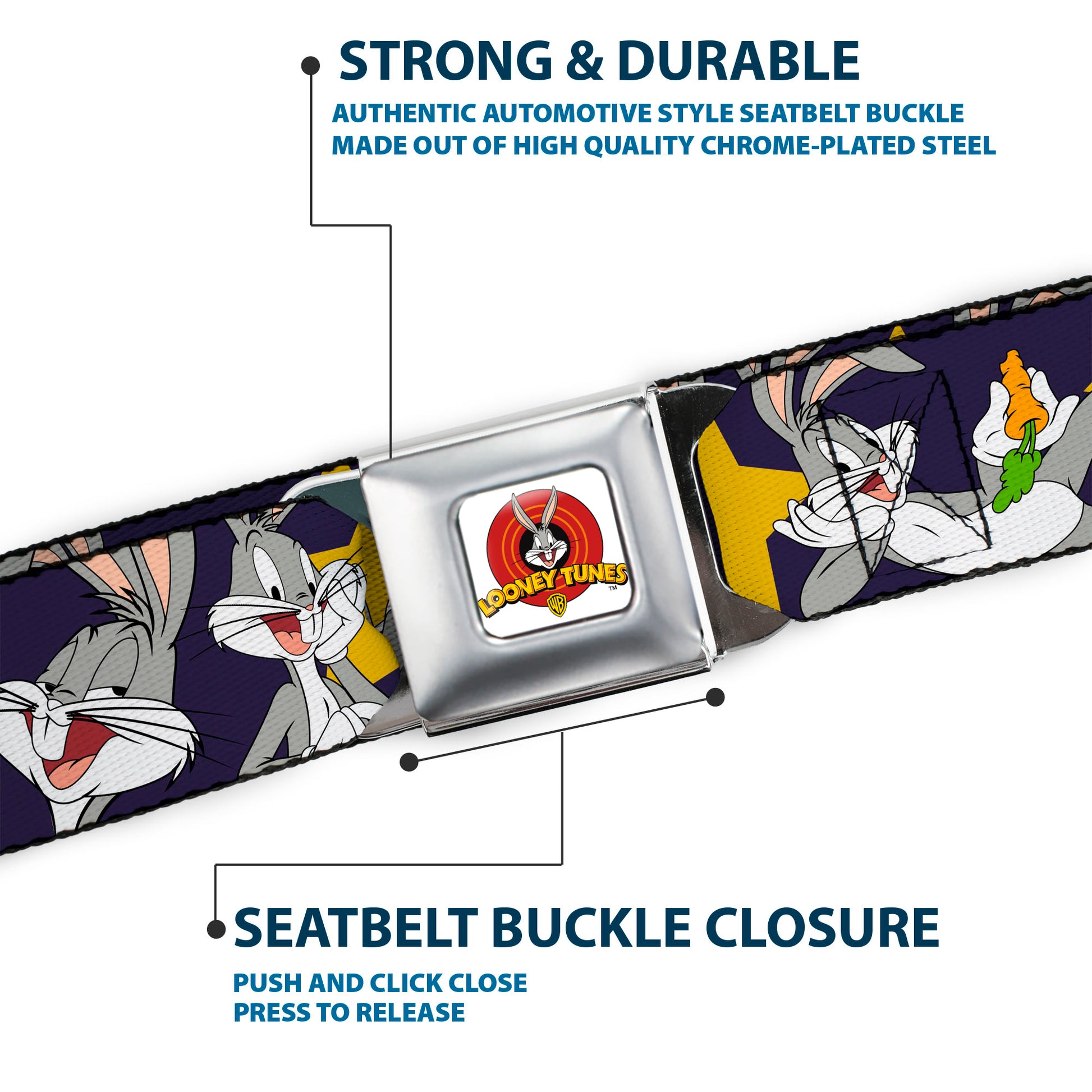 Looney Tunes Logo Full Color White Seatbelt Belt - Bugs Bunny Poses/Stars Navy Webbing Seatbelt Belts Looney Tunes