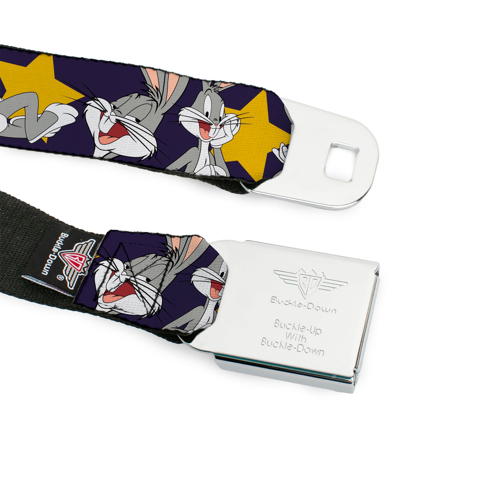 Looney Tunes Logo Full Color White Seatbelt Belt - Bugs Bunny Poses/Stars Navy Webbing Seatbelt Belts Looney Tunes