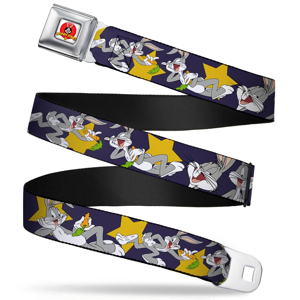 Looney Tunes Logo Full Color White Seatbelt Belt - Bugs Bunny Poses/Stars Navy Webbing Seatbelt Belts Looney Tunes