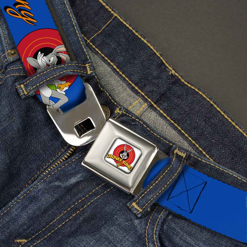 Looney Tunes Logo Full Color White Seatbelt Belt - BUGS BUNNY w/Bugs Poses Blue Webbing Seatbelt Belts Looney Tunes