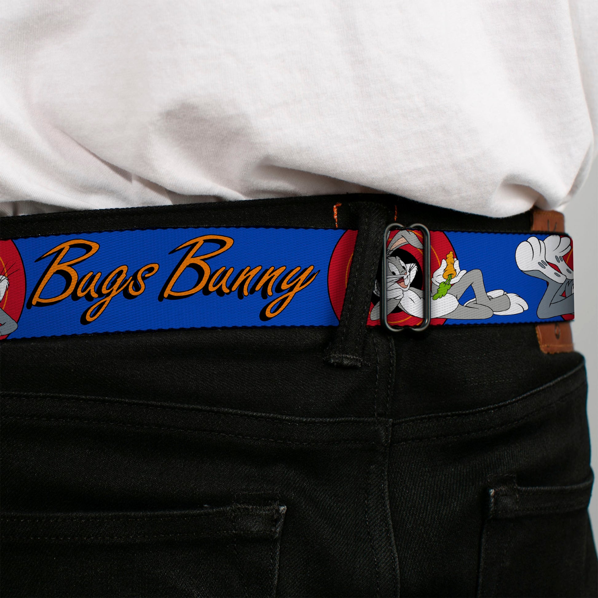 Looney Tunes Logo Full Color White Seatbelt Belt - BUGS BUNNY w/Bugs Poses Blue Webbing Seatbelt Belts Looney Tunes