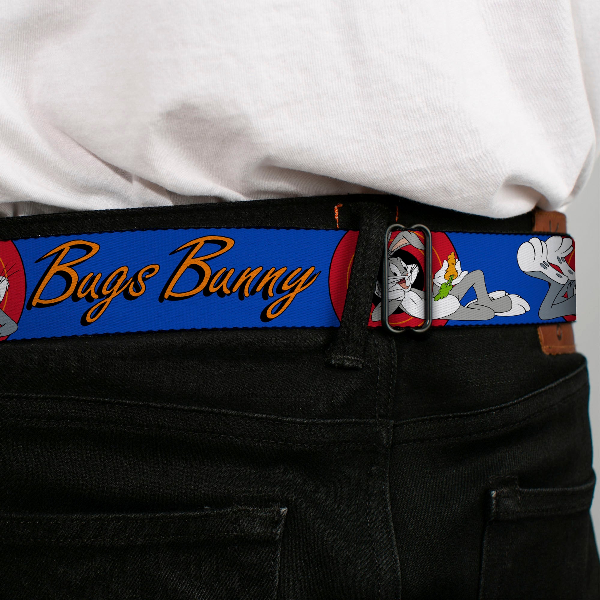 Looney Tunes Logo Full Color White Seatbelt Belt - BUGS BUNNY w/Bugs Poses Blue Webbing Seatbelt Belts Looney Tunes