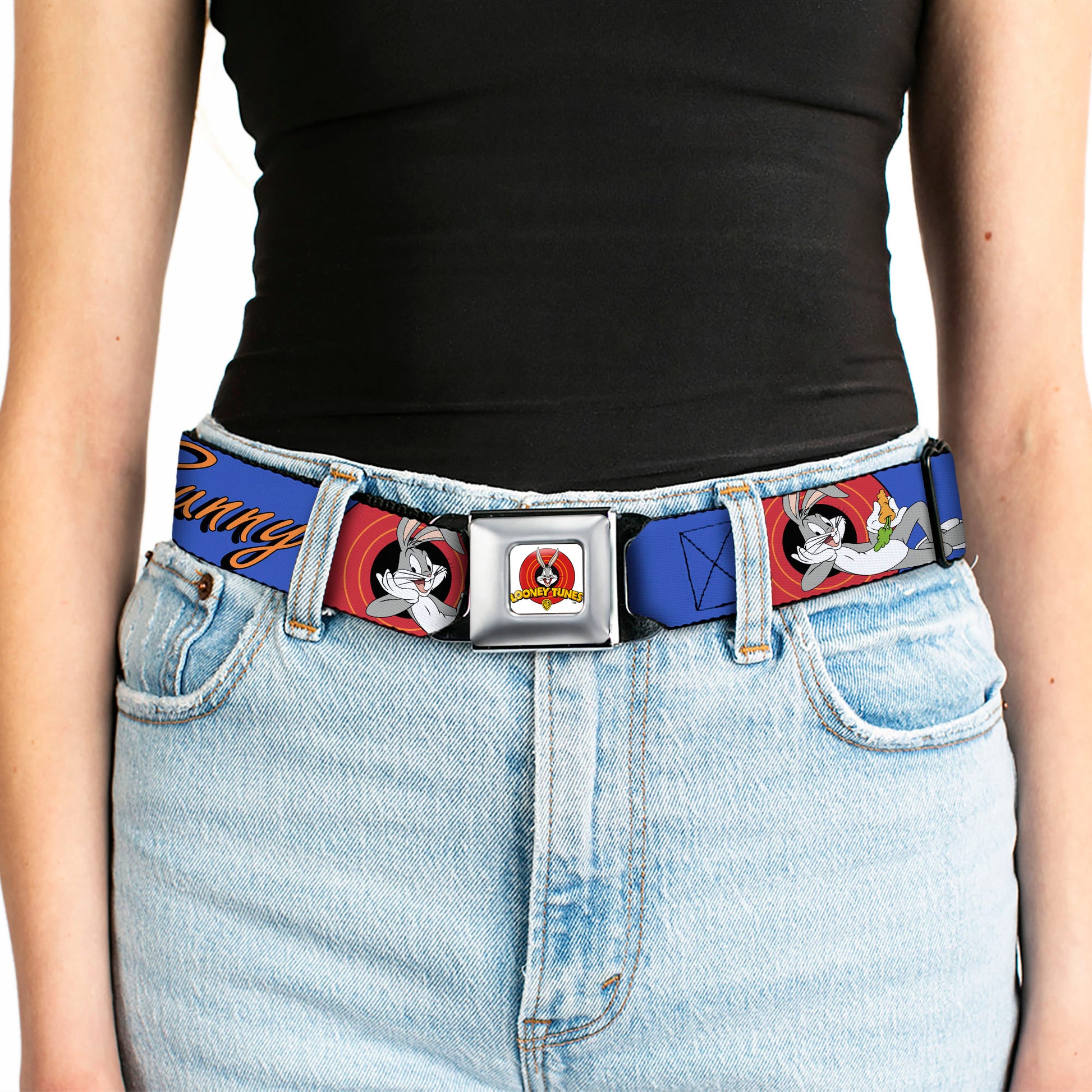 Looney Tunes Logo Full Color White Seatbelt Belt - BUGS BUNNY w/Bugs Poses Blue Webbing Seatbelt Belts Looney Tunes