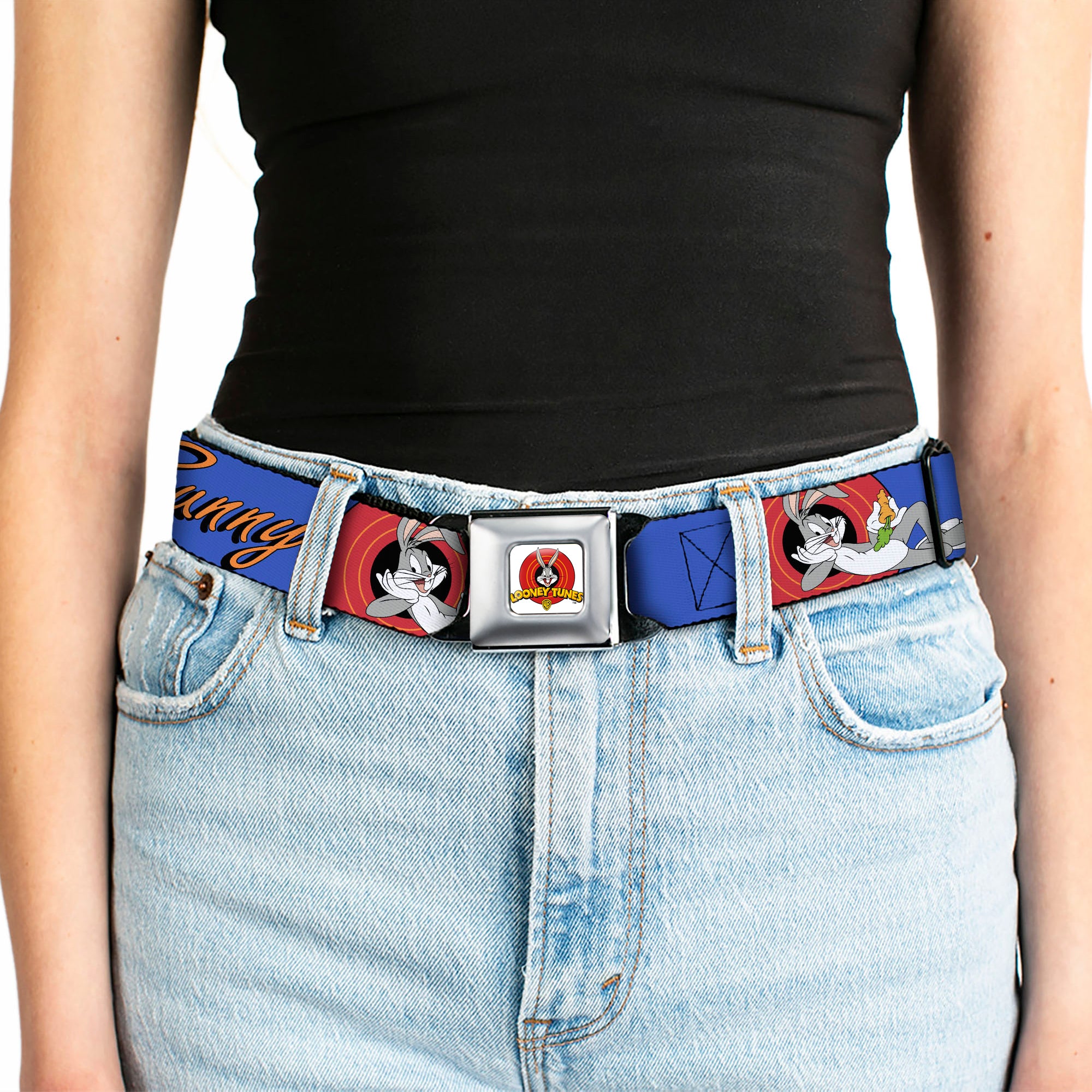 Looney Tunes Logo Full Color White Seatbelt Belt - BUGS BUNNY w/Bugs Poses Blue Webbing Seatbelt Belts Looney Tunes