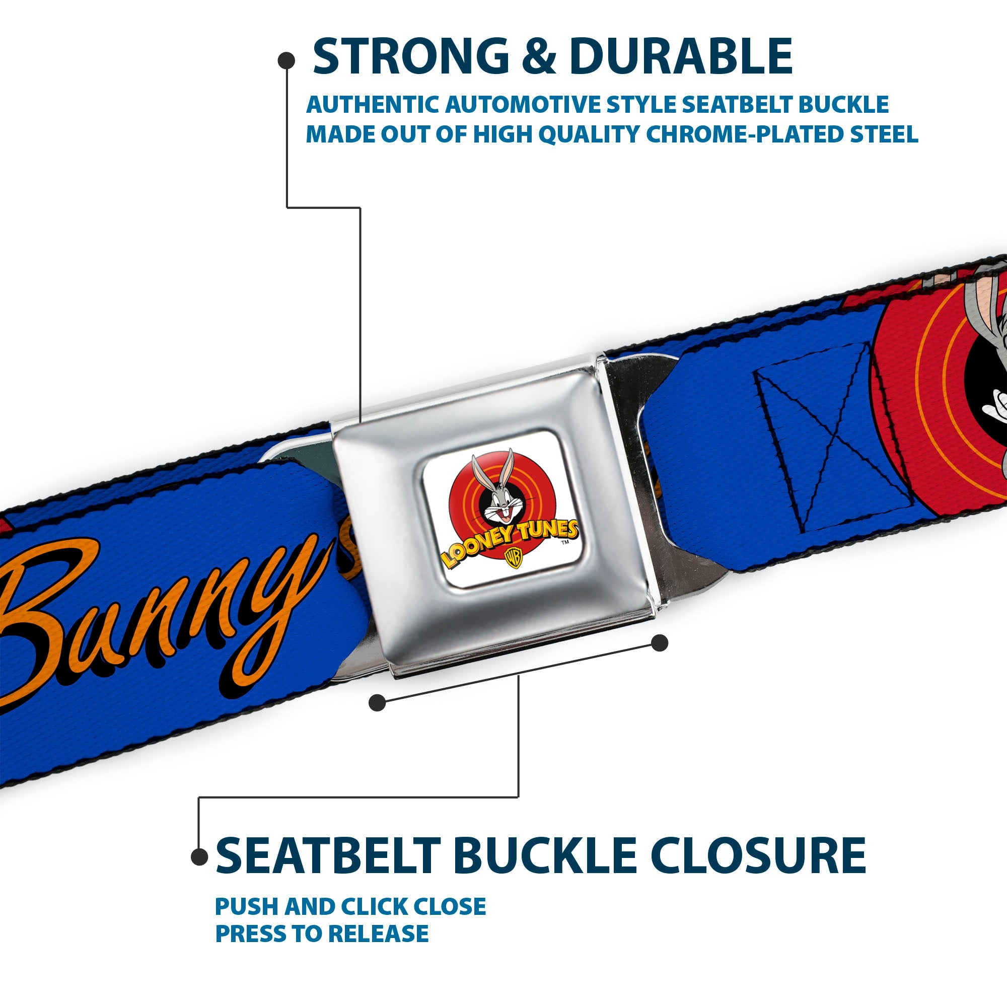 Looney Tunes Logo Full Color White Seatbelt Belt - BUGS BUNNY w/Bugs Poses Blue Webbing Seatbelt Belts Looney Tunes
