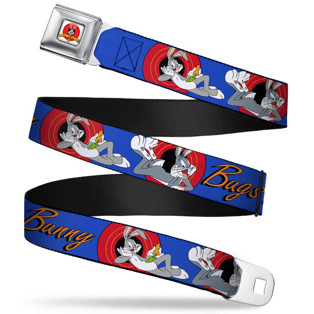 Looney Tunes Logo Full Color White Seatbelt Belt - BUGS BUNNY w/Bugs Poses Blue Webbing Seatbelt Belts Looney Tunes