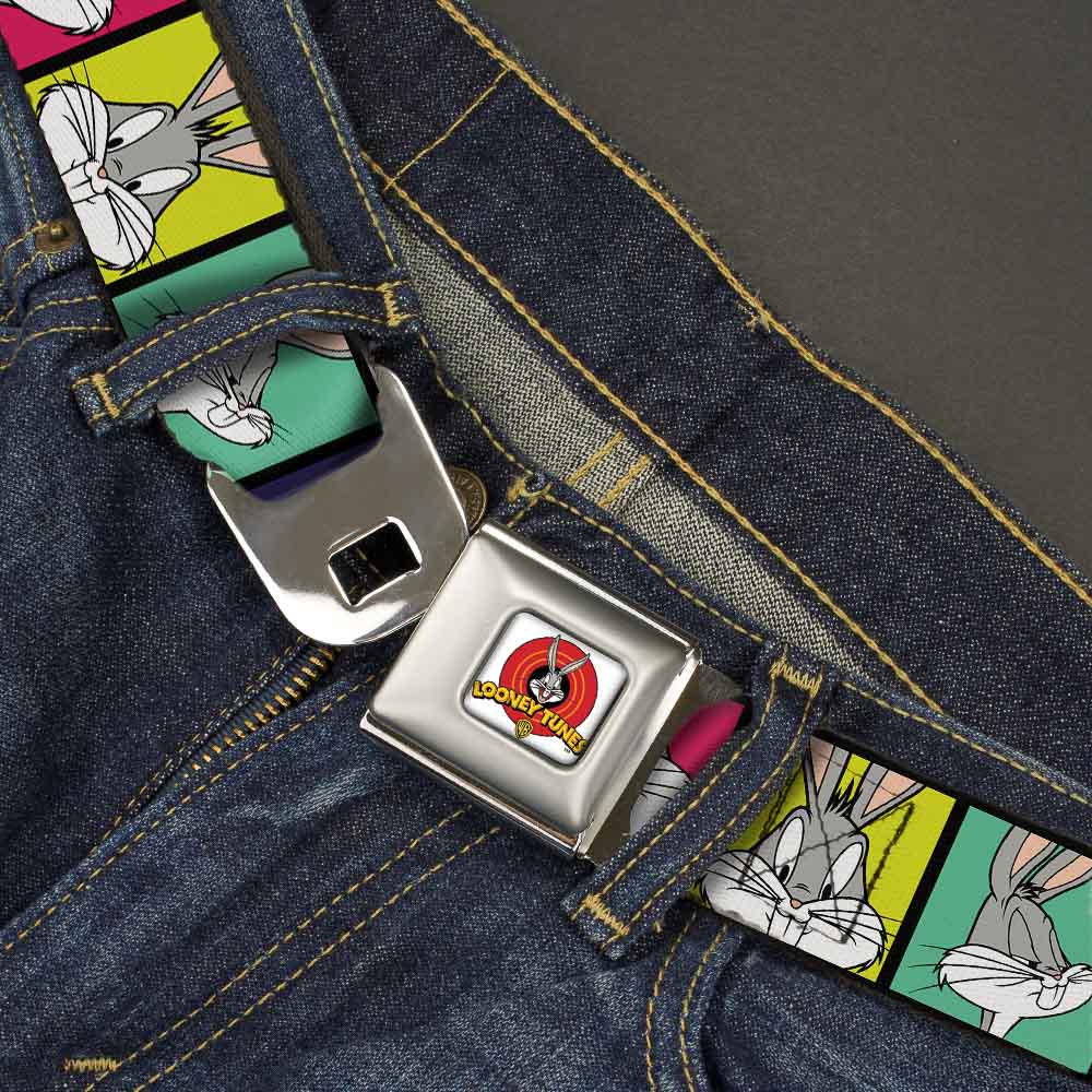 Looney Tunes Logo Full Color White Seatbelt Belt - Bugs Bunny Expression Blocks Multi Color Webbing Seatbelt Belts Looney Tunes