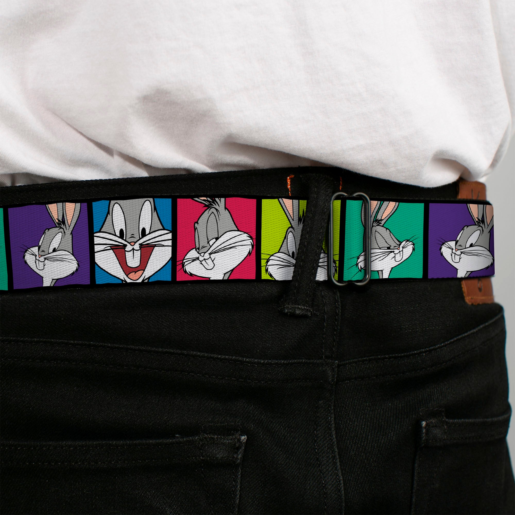 Looney Tunes Logo Full Color White Seatbelt Belt - Bugs Bunny Expression Blocks Multi Color Webbing Seatbelt Belts Looney Tunes